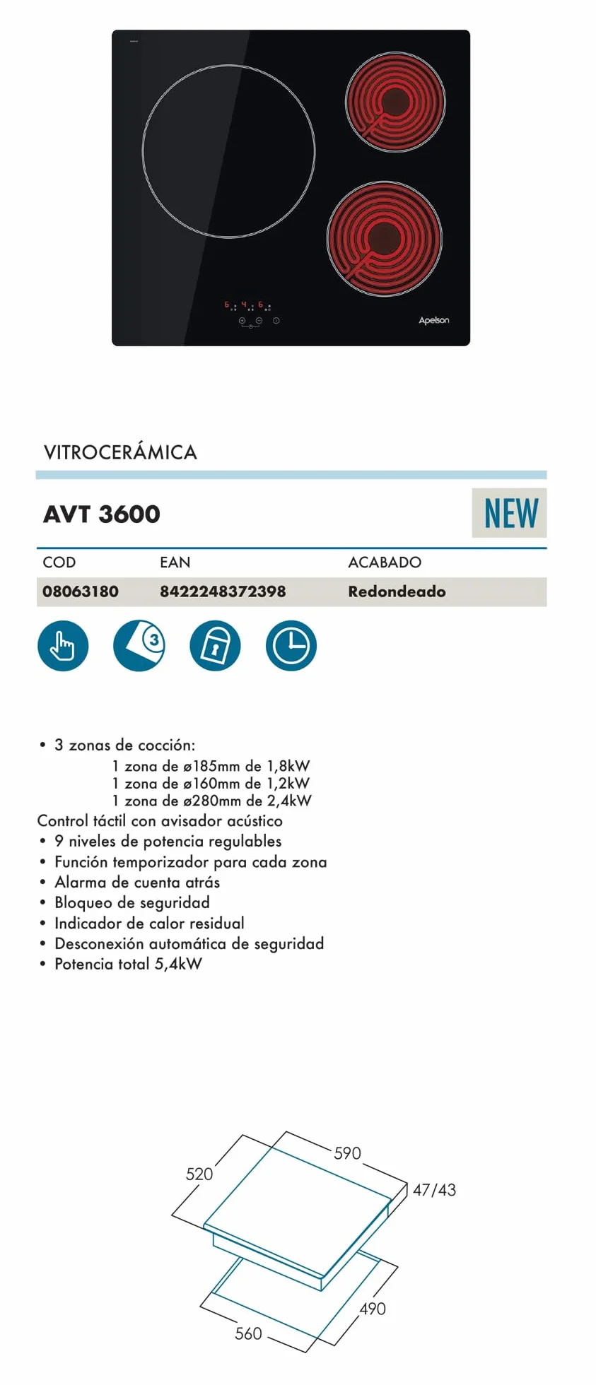 Apelson Płyta ceramiczna AVT 3600 3 Strefy Gotowanie Sterowanie Dotykowe 9 Poziomów Moc Możliwość Regulacji Funkcja Timera Alarm Blokada Bezpieczeństwa Wskaźnik ciepła Moc 5,4 kW Kolor Czarny