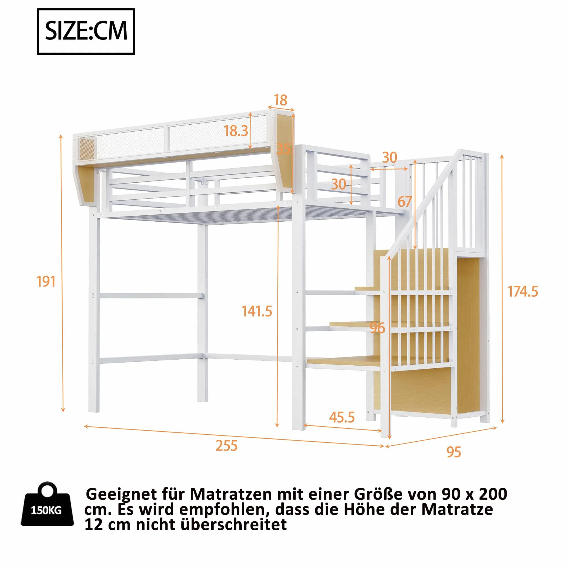 Dolamaní Łóżko piętrowe 90 x 200 cm, metalowa rama łóżka ze schodami i szafką, wysokość 191 cm, łóżko ze zdejmowaną siatką, regałem i ochroną przed wypadnięciem, dla nastolatków i dorosłych (białe)