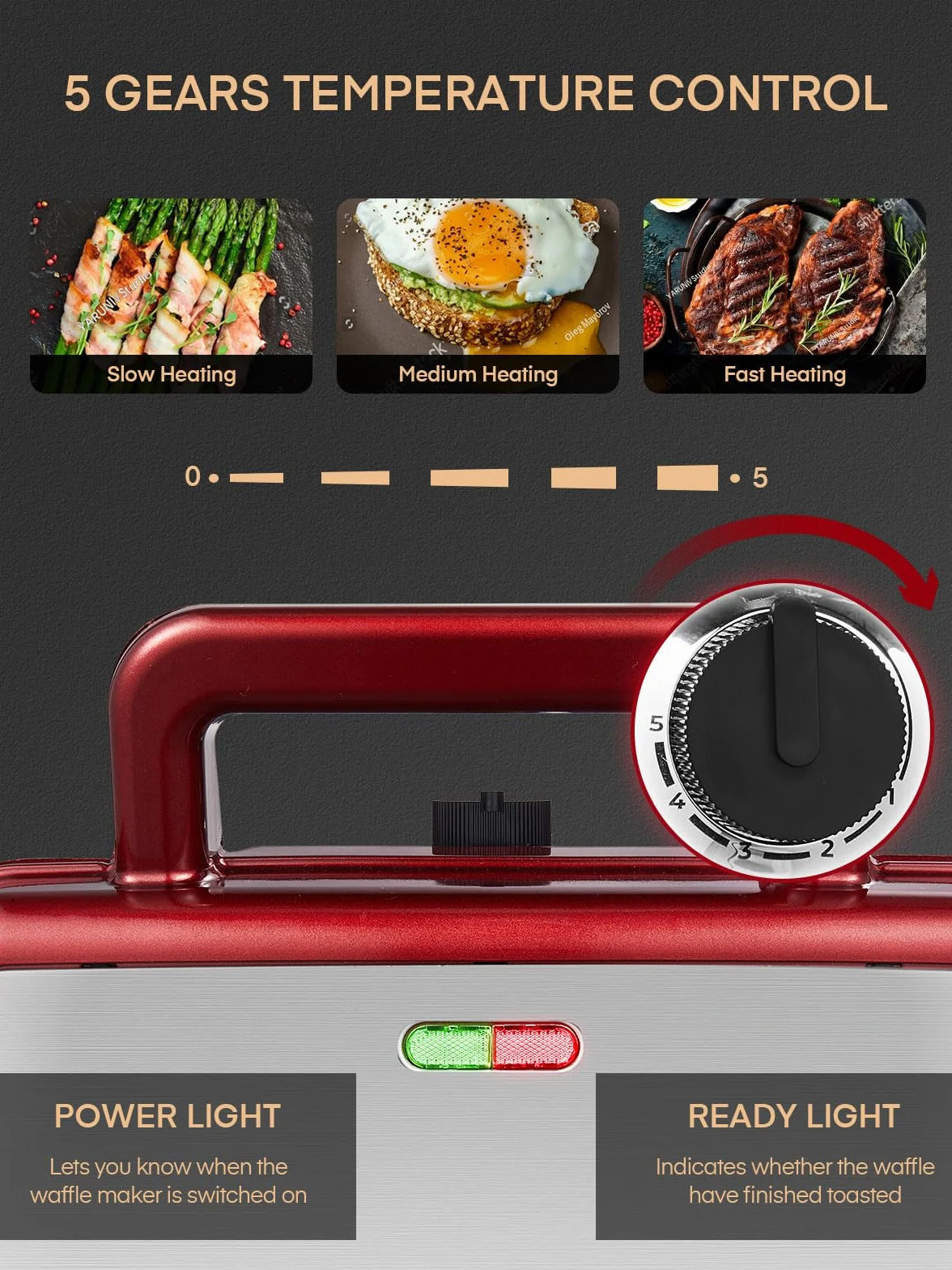Toster 1200W, opiekacz do kanapek/grill/gofrownica 3 w 1, 5-biegowa regulacja temperatury, powłoka nieprzywierająca, uchwyt zapobiegający oparzeniom, czerwony