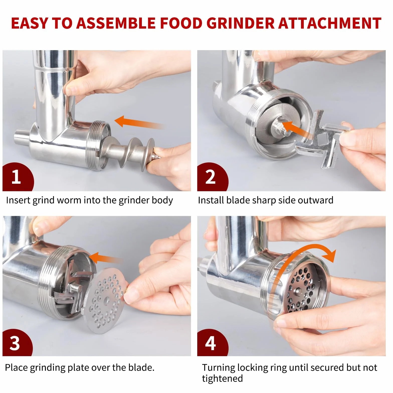 Metalowy młynek do żywności ze stali nierdzewnej, kompatybilny z mikserami stojącymi KitchenAid, zawiera 3 rurki do nadziewania kiełbasy, nadaje się do mycia w zmywarce