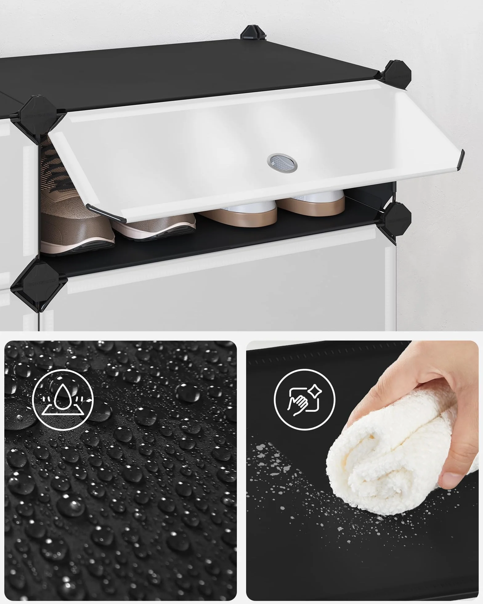 SONGMICS Zamykany stojak na buty, prostokątny organizer, 10-szczelinowy modułowy regał do przechowywania DIY, każdy moduł 40 x 30 x 17 cm, szafa z tworzywa sztucznego z drzwiami, czarny LPC10HV1