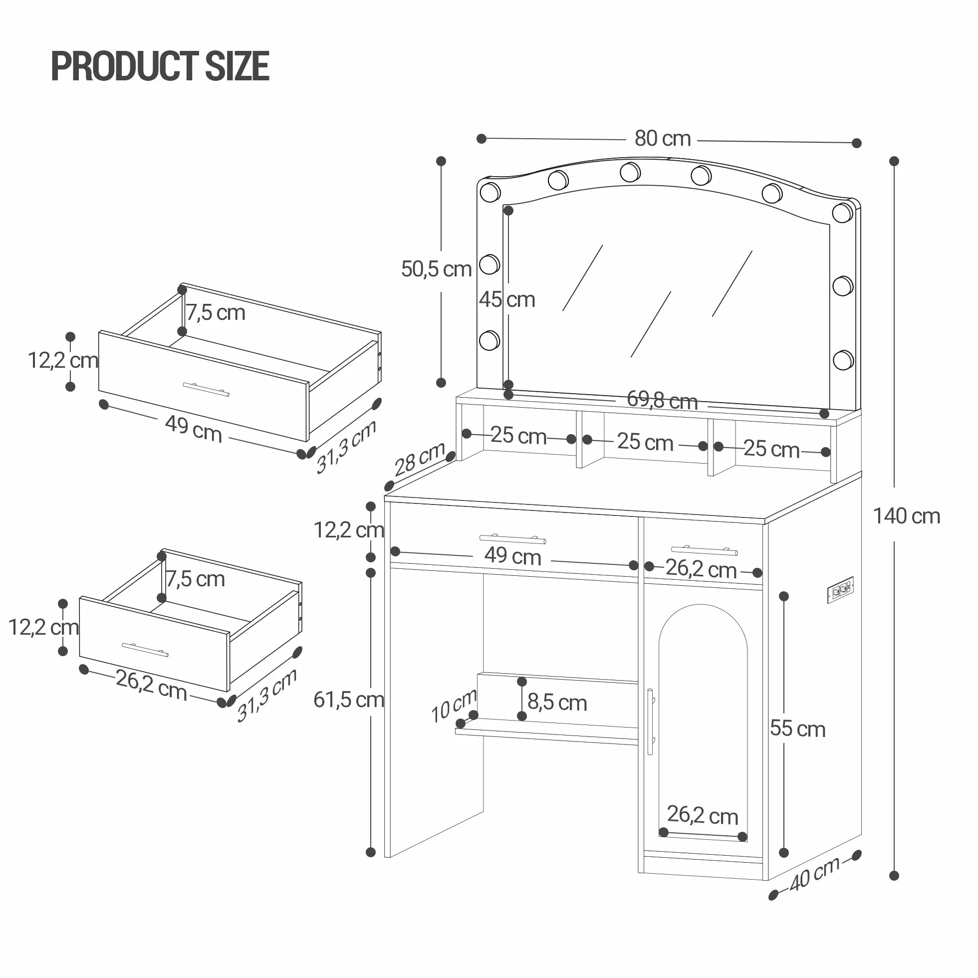 Hzuaneri Vanity, DużE Lustro Hd, 3-Kolorowe Regulowane śWiatłA Led, Ze Stacją łAdująCą, 2 Gniazdami Ac I 2 Portami Usb, 2 Szufladami I 1 Szafką Do Przechowywania, BiałO-ZłOta DT361HDT
