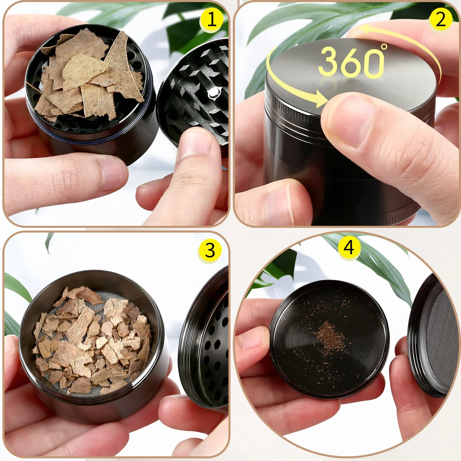 Bäcker & Lecker Pollen Grinder Crusher młynek do ziół do suszonych ziół, przypraw, ziół, ze stopu cynku, 4-częściowy zestaw ze skrobakiem do pyłków, nikiel czarny