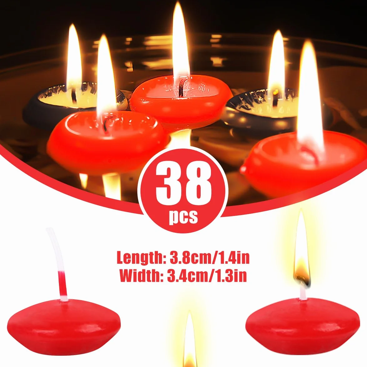 Pływające świece woskowe, białe, 38 sztuk, pływające świece, wodoszczelne świeczki typu tealight, ciepłe świeczki typu tealight na Walentynki, Boże Narodzenie, wesele, kolację (czerwone)