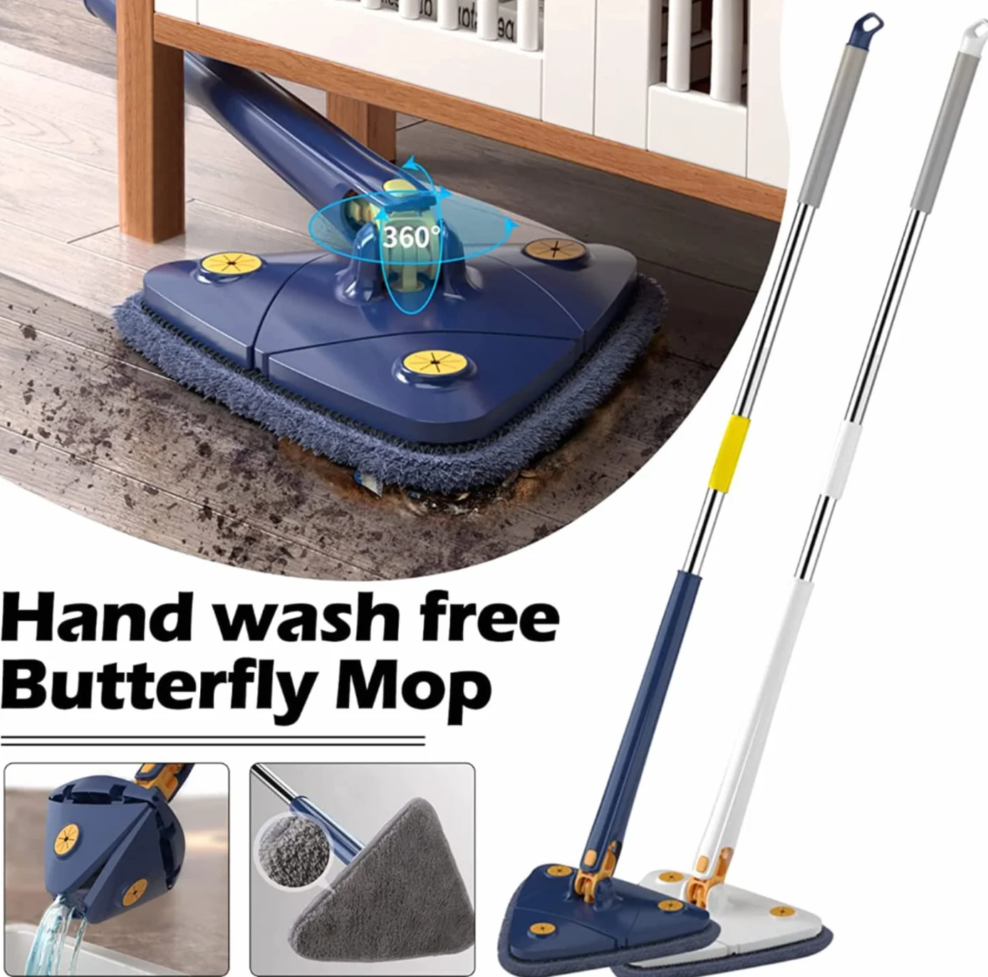 Earnmore Trójkątny mop czyszczący o 360 stopni, trójkątny mop teleskopowy, obrotowy, regulowany, wielofunkcyjny, automatyczny mop do wyciskania (niebieski + 6 padów)