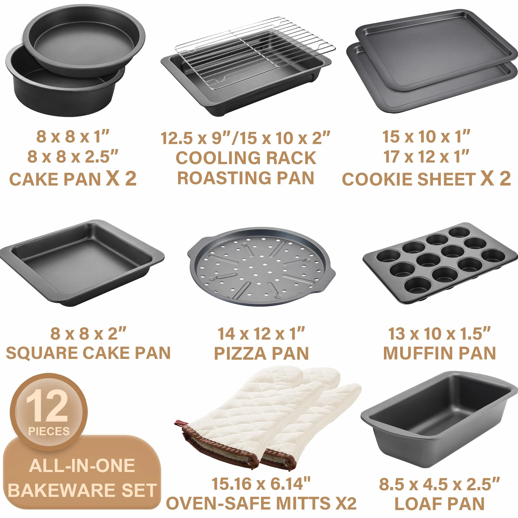 HONGBAKE Zestawy naczyń do pieczenia, zestaw patelni do pieczenia z przyborami kuchennymi, nieprzywierająca patelnia do piekarnika z szerszymi uchwytami, 17 sztuk, w tym stojak, arkusz na ciastka,