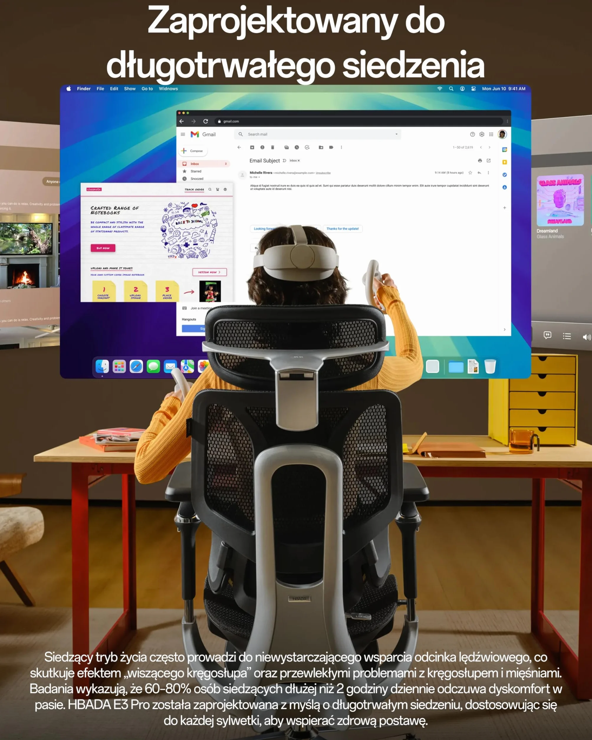 Hbada E3 Pro Edycja 2026 Ergonomiczne Krzesło Biurowe, Ergonomiczny Fotel Siatkowy z 3-strefowym Pływającym Wsparcie Lędźwiowym, Zagłówek 4D, Podłokietniki 720° (Czarne, Bez podnóżka)