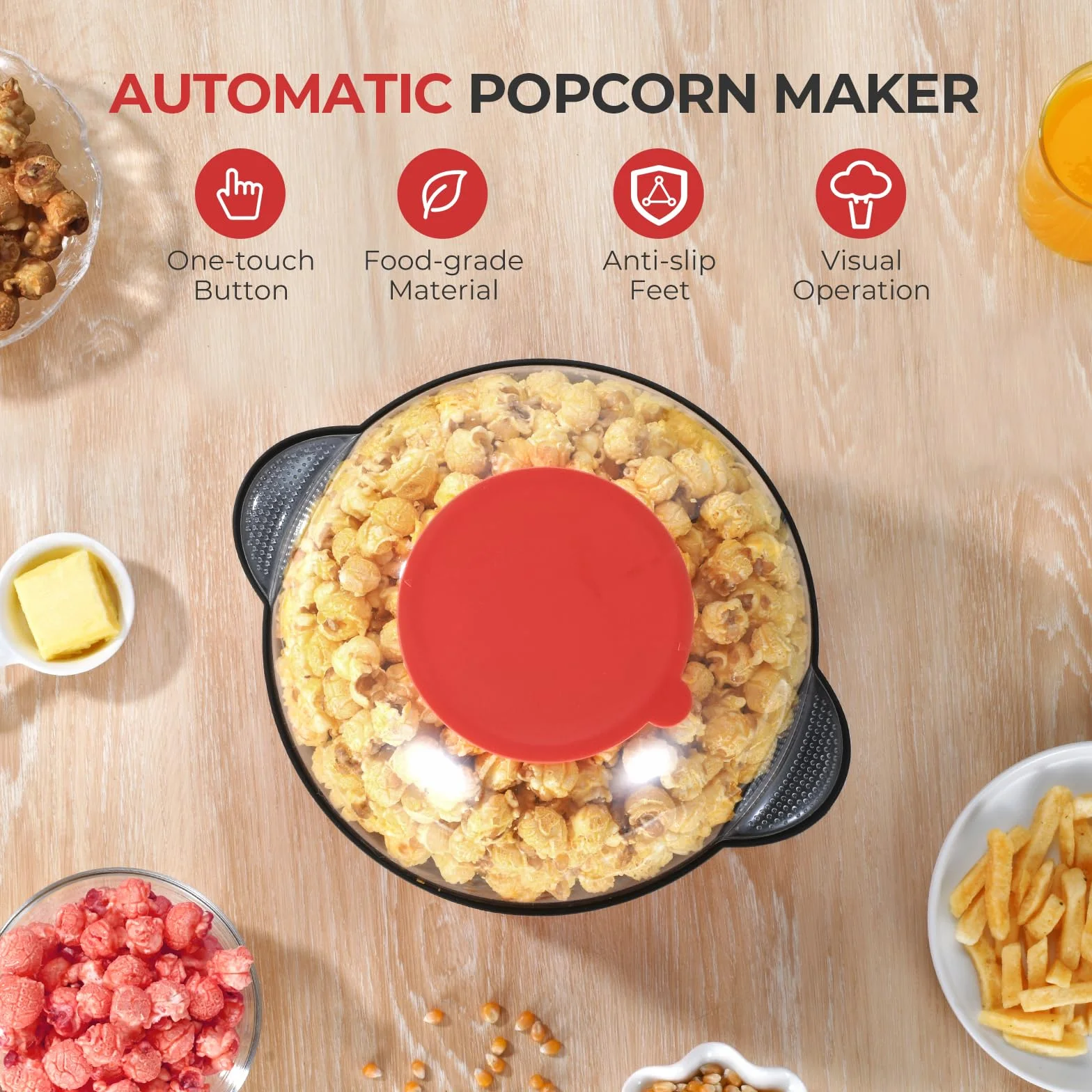 YASHE Maszyna do popcornu, elektryczna maszyna do popcornu z mieszaniem, 650 W, popcorn o pojemności 3 l, powłoka nieprzywierająca