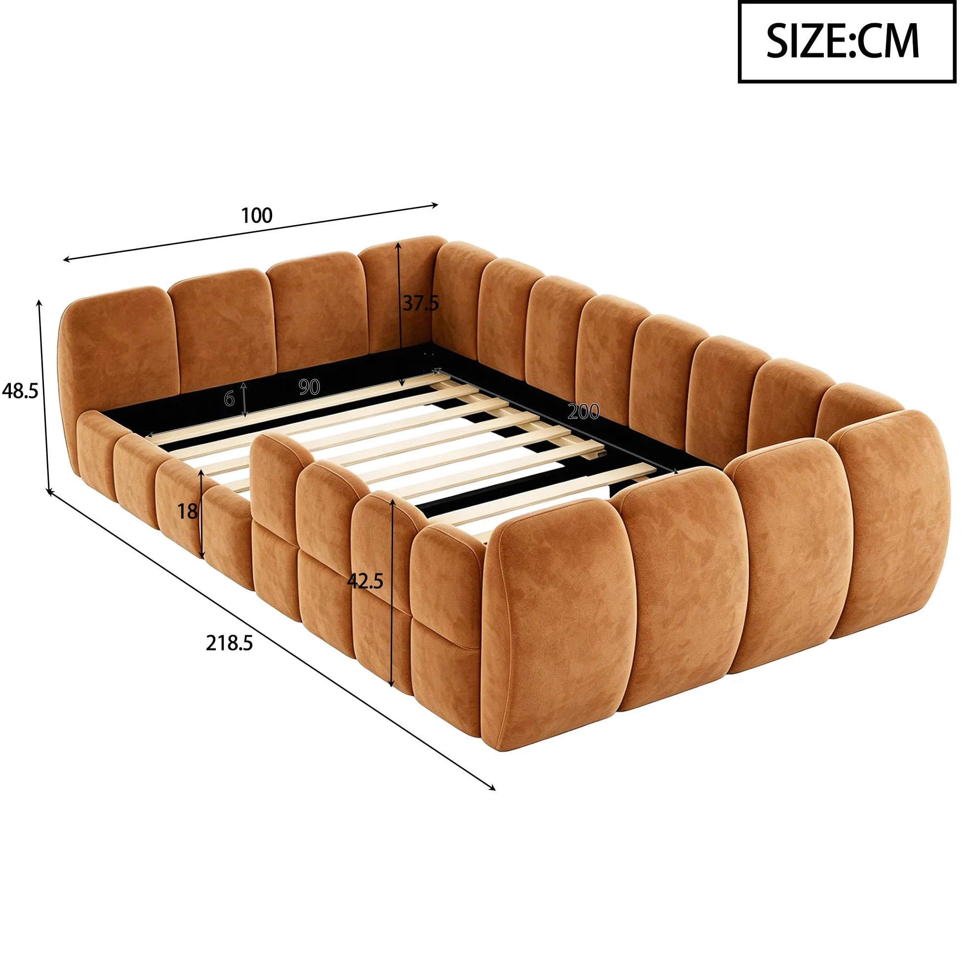 Wyściełane łóżko dziecięce 90 x 200 cm, aksamitne obicie, całkowicie zamknięta konstrukcja, zaokrąglone narożniki, nadaje się do pokoju dziecięcego, małego dziecka i młodzieży, pomarańczowe