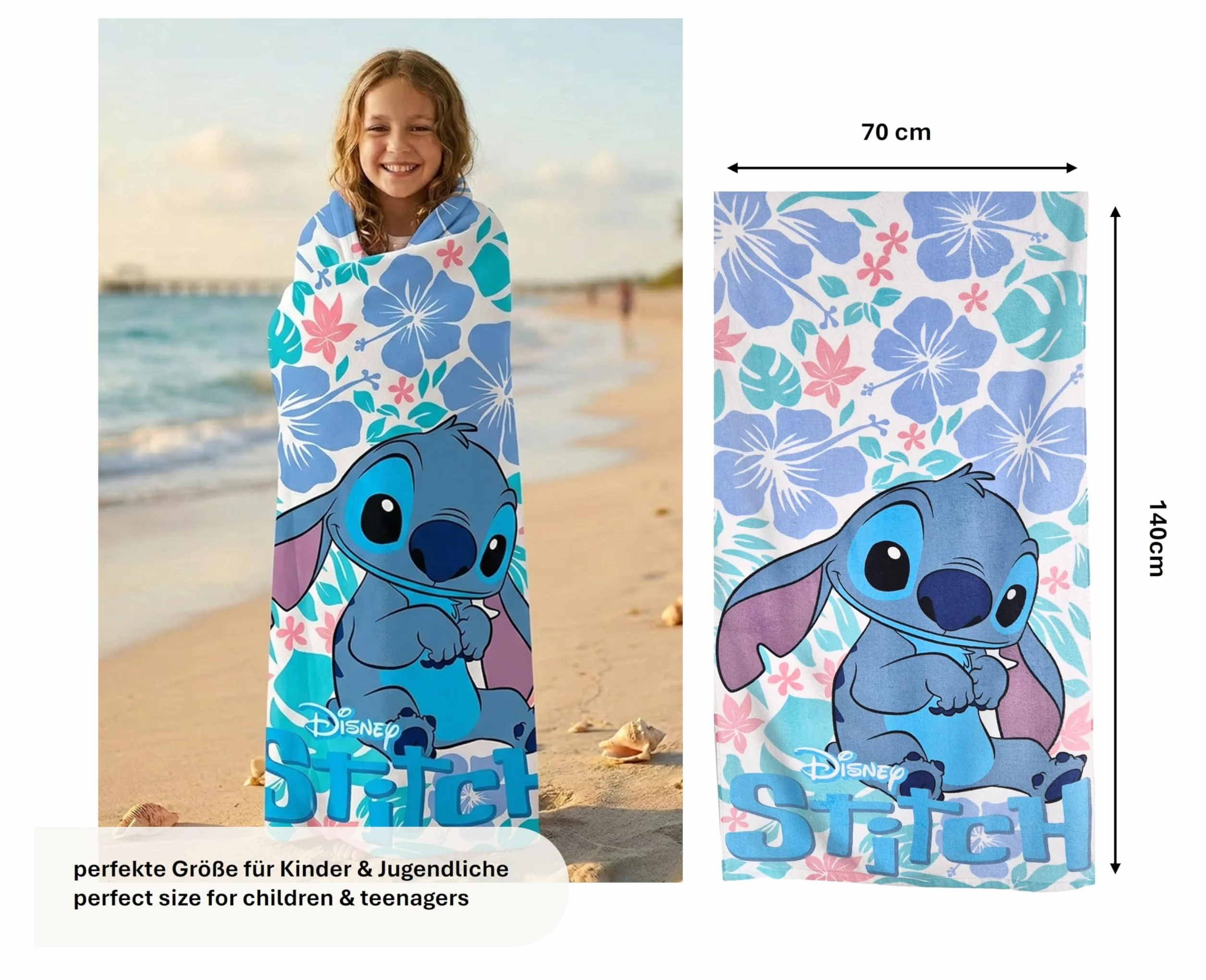 Theonoi Disney Lilo und Stitch dziecięcy ręcznik kąpielowy, ręcznik plażowy, 70 x 140 cm, 100% bawełna, dla chłopców i dziewczynek – standard Öko-Tex