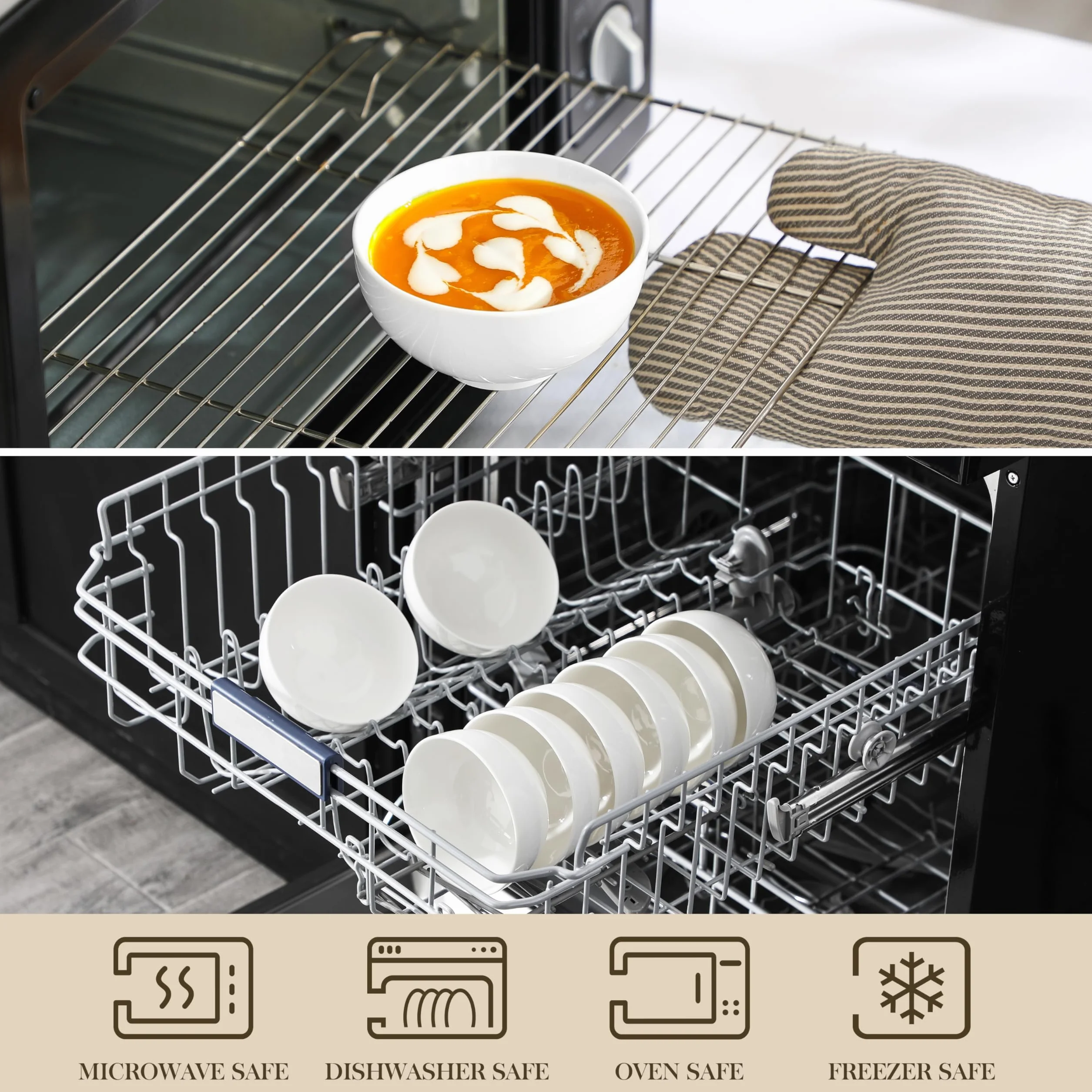 MALACASA Seria REGULAR 8 białych porcelanowych miseczek na płatki śniadaniowe 300 ml, okrągłe miski śniadaniowe 11,5 cm, salaterki, miski na sałatkę i ryż