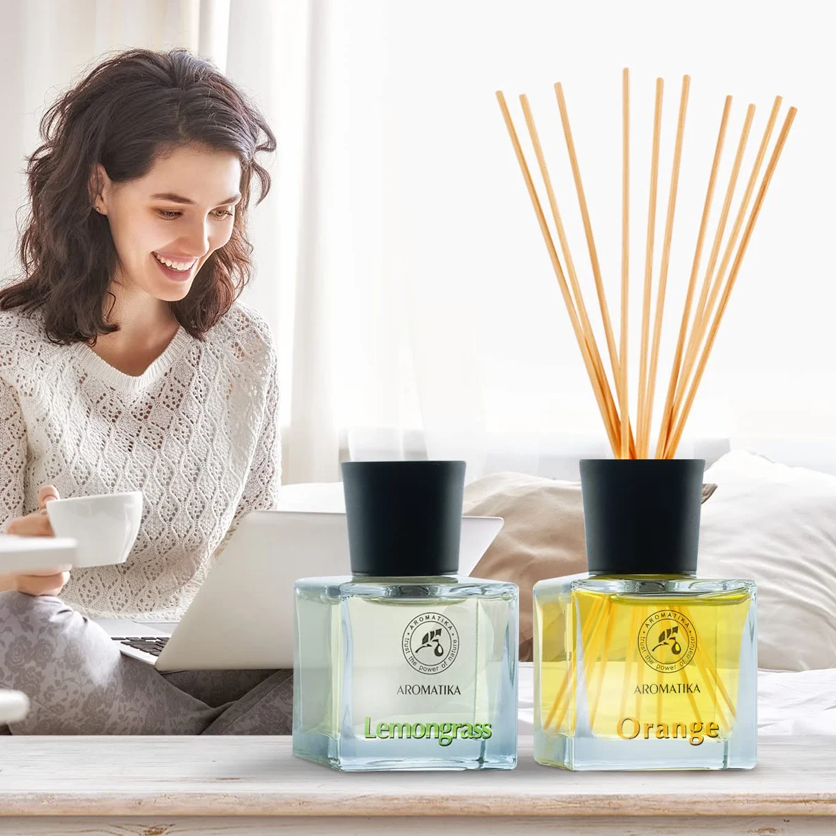 AROMATIKA Reed Diffuser Gift Set 2 x 50 ml with Natural Essential Oils Lemongrass & Orange - Scented Reed Diffusers with Bamboo Sticks - Perfect for Aromatherapy - Bedroom - Office - Home Diffusers