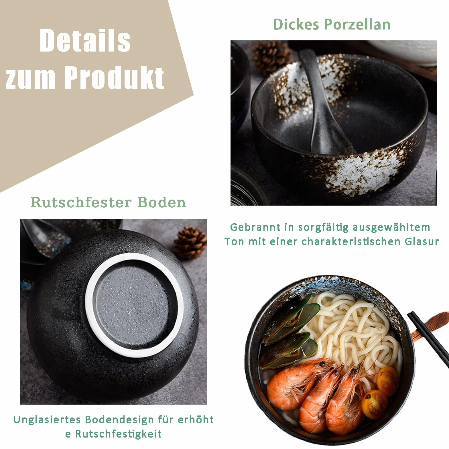 Ramen Bowl, miska ramen 800 ml, zestaw ceramiczny, wielokrotnego użytku, duża zupa, ceramiczna miska do zupy w stylu vintage, z łyżeczką i pałeczkami, nadaje się do kuchni, salonu (biała tekstura)