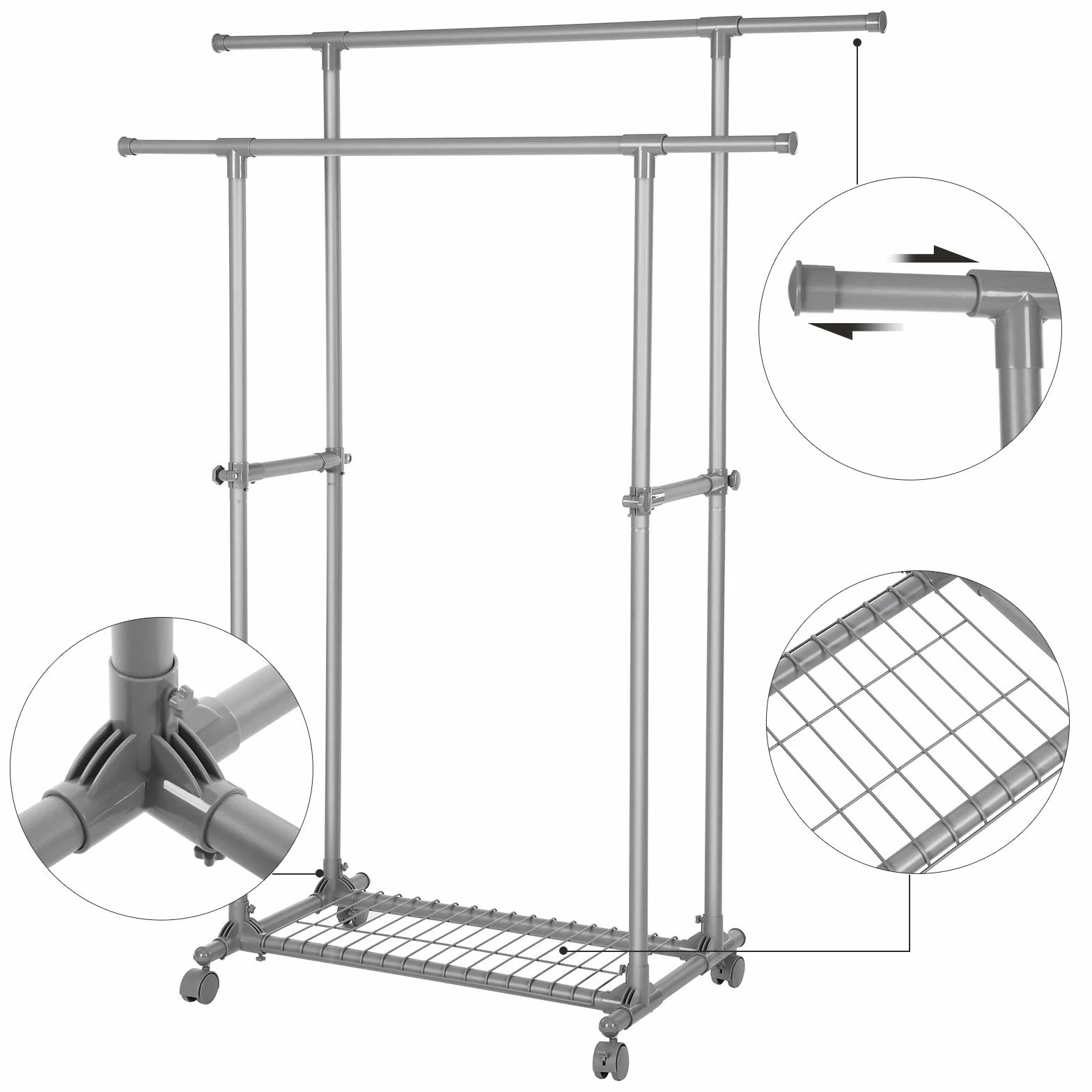 SONGMICS Wieszak na kółkach podwójnym drążkiem 70 kg (87-150)x52x166 cm szary LLR13GY