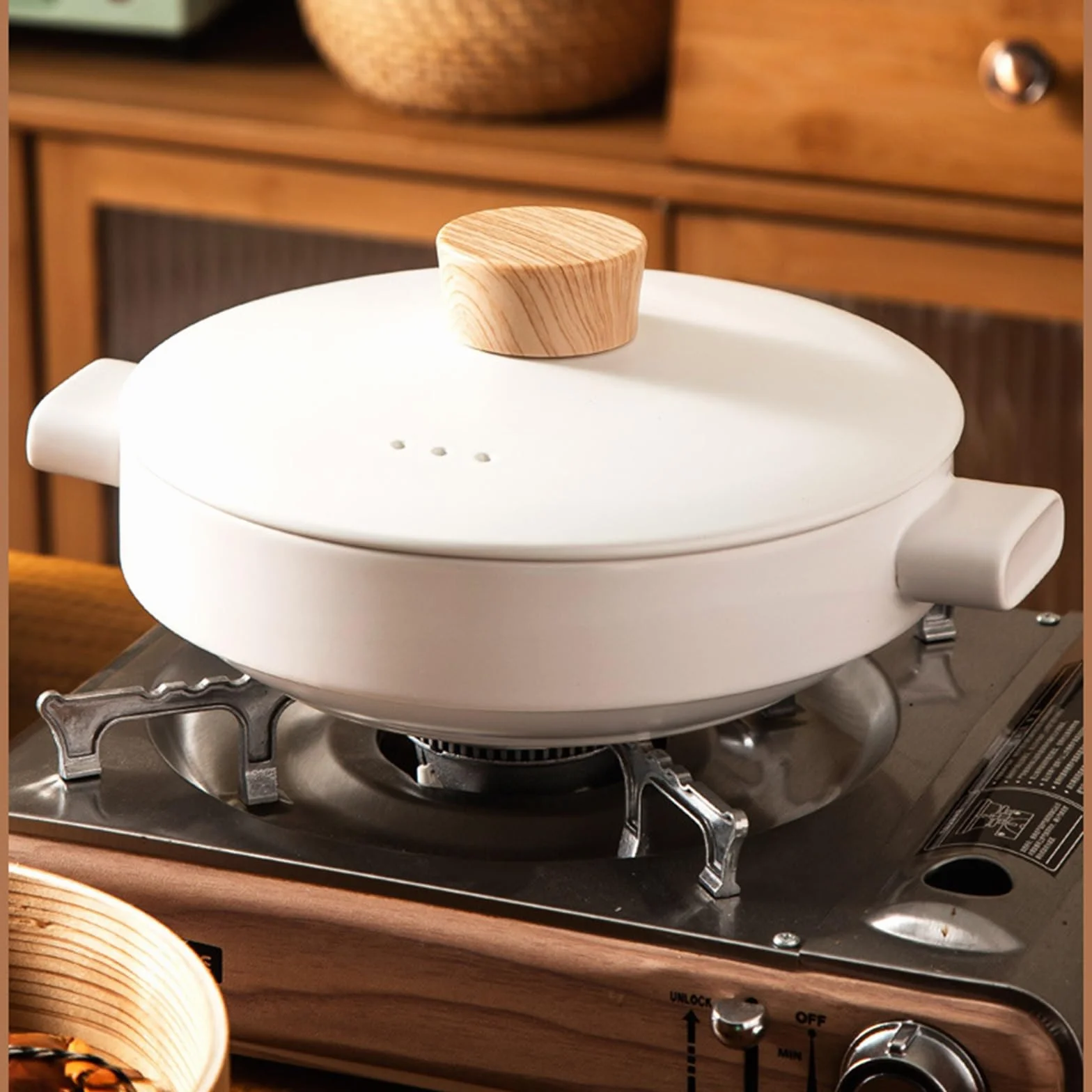Japoński garnek do zapiekania z bambusowym koszem do gotowania na parze, gliniany garnek do gulaszu, do gotowania, równomiernego podgrzewania ceramicznej patelni do gulaszu, 2,5 l