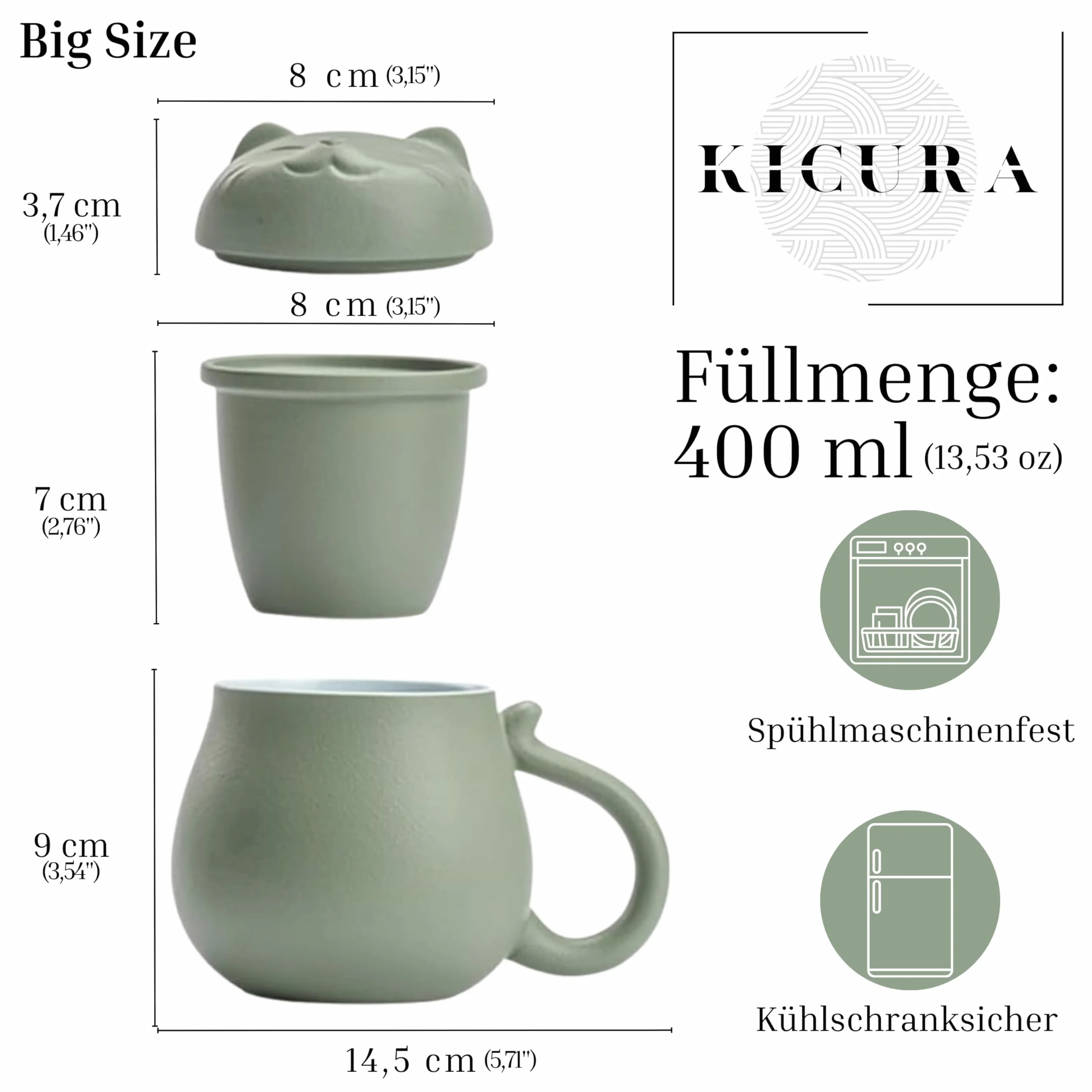 Ceramiczna filiżanka do herbaty, 400 ml, kompletny zestaw z pokrywką i sitkiem, wzór kota, na luźne liście i zioła, praktyczny prezent dla rodziny - zielony