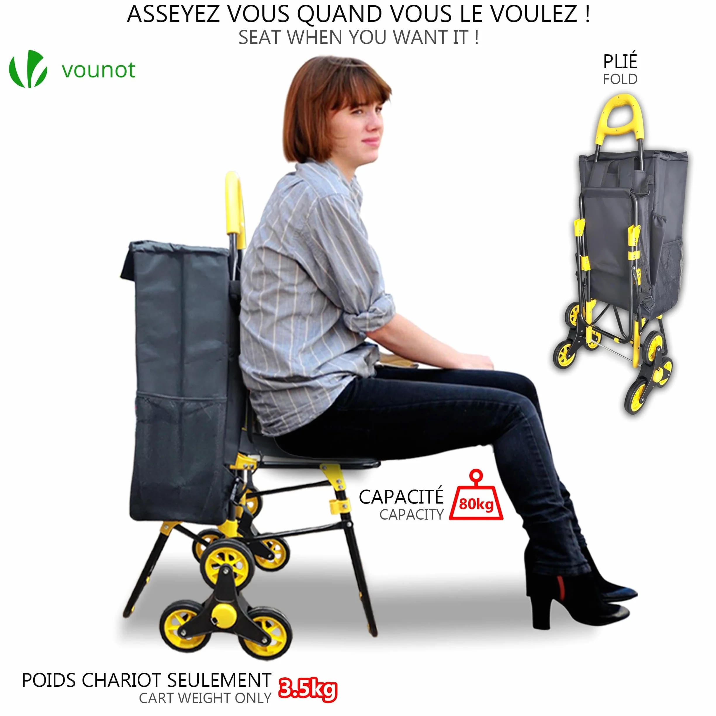 VOUNOT Wózek na zakupy, schody, z przegródką chłodzącą i składanym siedziskiem, wózek na zakupy, składany, 3 koła, 40 l