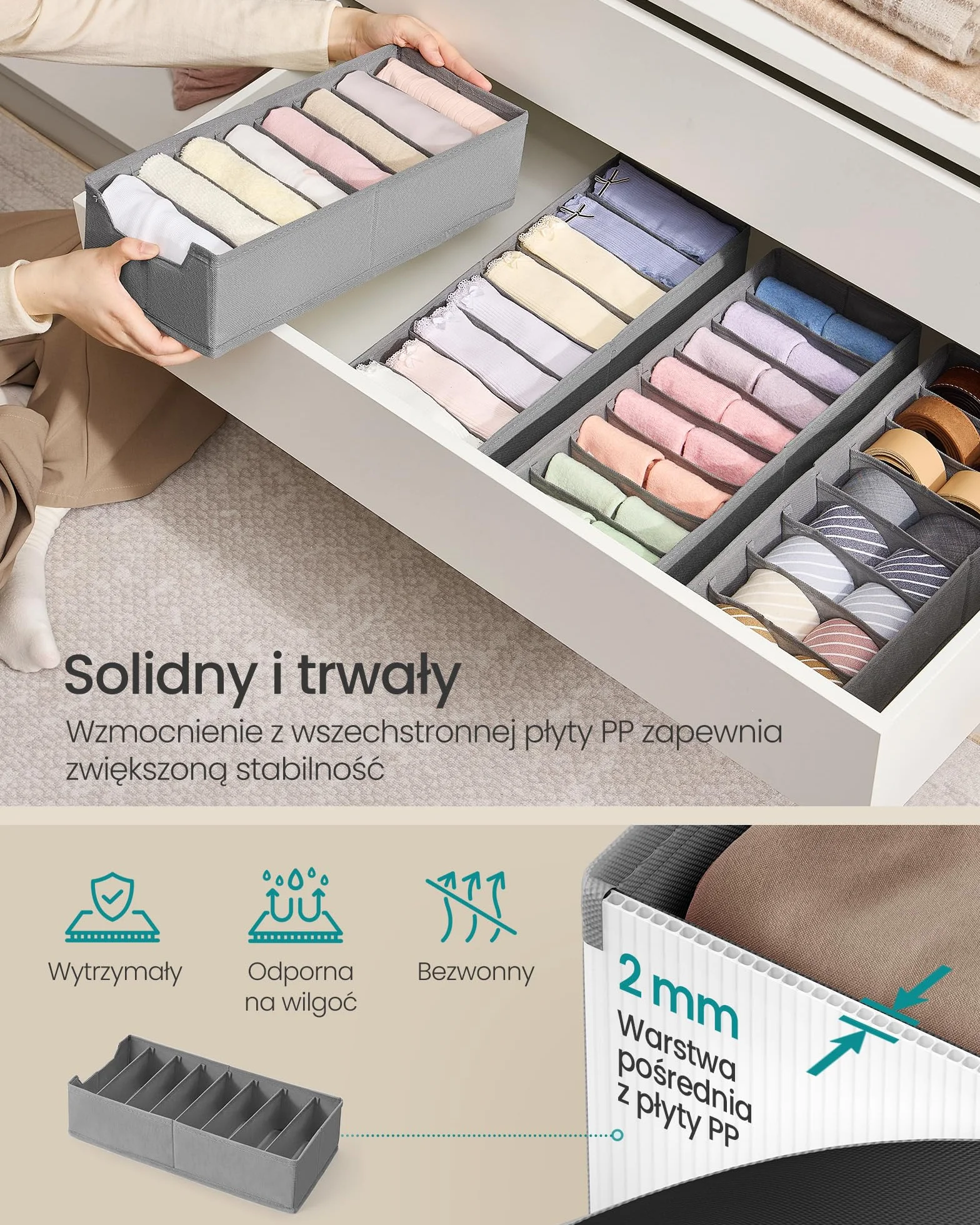 SONGMICS Zestaw 4 organizerów na bieliznę, organizer do szuflady do komód IKEA HEMNES i MALM, z przegródkami, składany organizer do szafy, 40 x 16 x 10 cm na skarpetki, gołębi szary RUS014G01