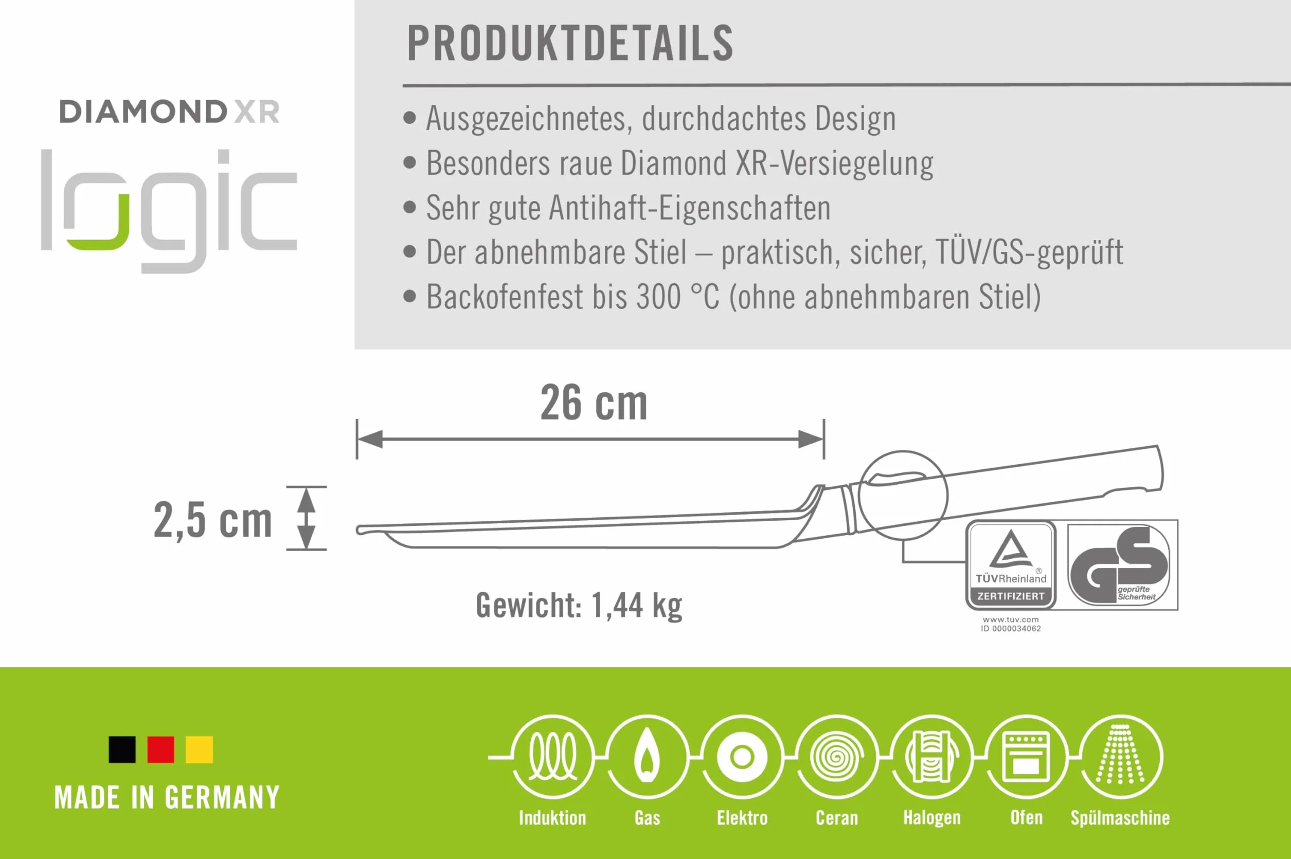 Woll Diamond Logic XR Patelnia do naleśników – indukcyjna, Ø 26 cm, ze zdejmowanym trzonkiem – nadaje się do wszystkich rodzajów kuchenek, aluminium, odporna na piekarnik, czarna