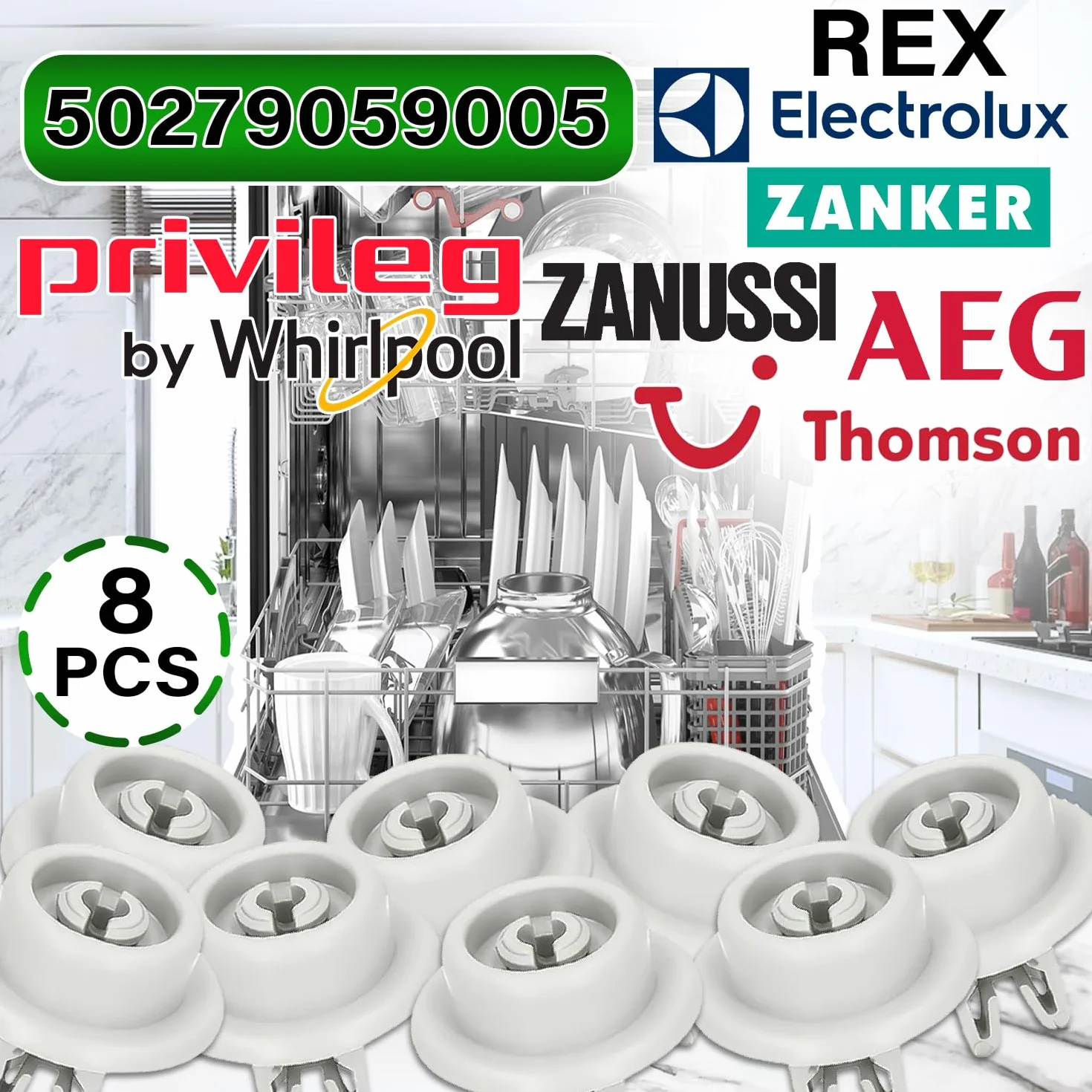 8 sztuk kółek do zmywarki do dolnej średnicy kosza Ø 34 mm z oryginalnym kodem 5027905900/5 50279059005 do AEG do Electrolux dla Zanussi - 5 lat - ONIX TECH
