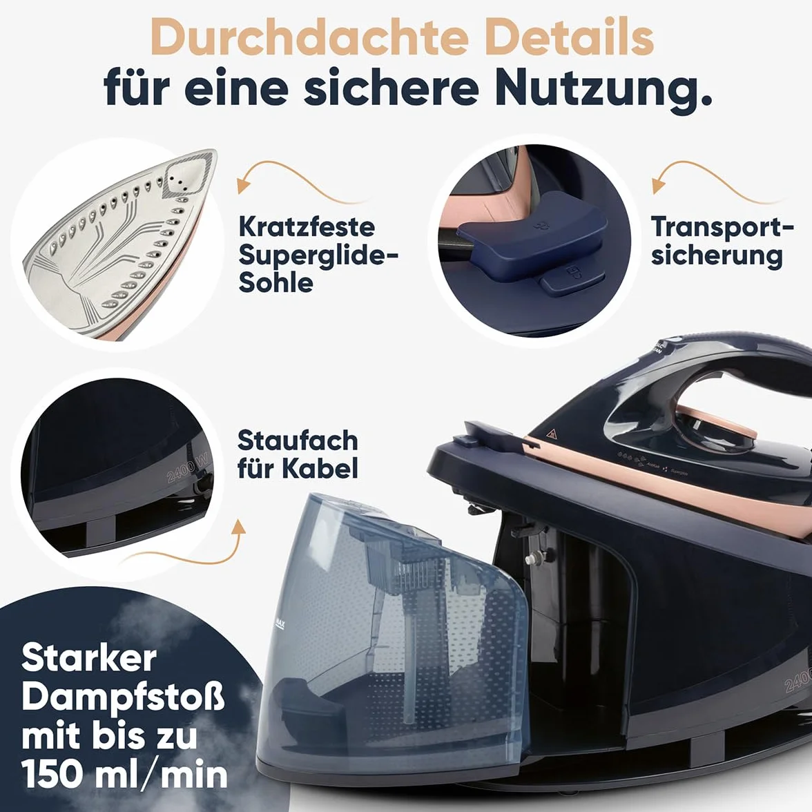 ProfiCare stacja do prasowania parowego | Stopa ceramiczna Superglide | stacja do prasowania 2400 W | Moc pary 150 g/min | Ciśnienie 4 bar | Prasowanie do 80 minut z rzędu | PC DBS 3127