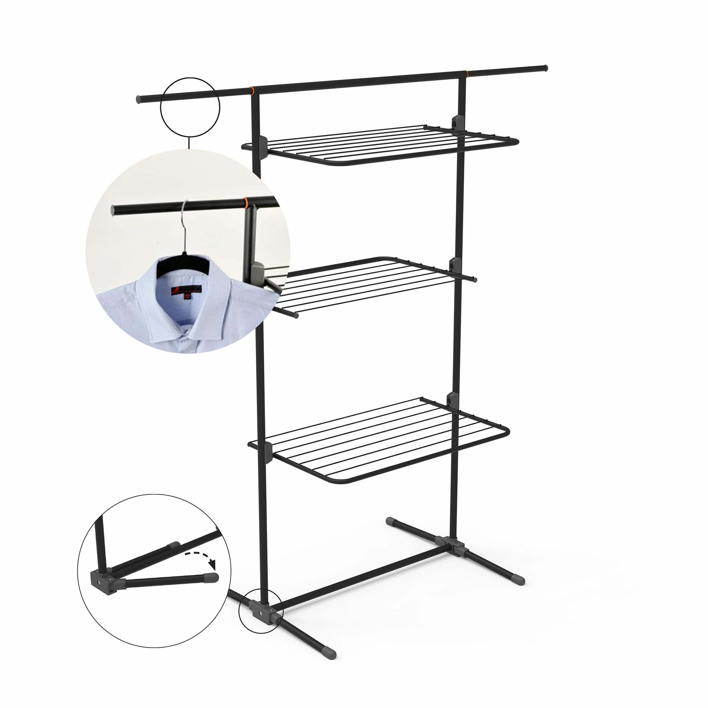 Rörets Suszarka na pranie Triple+ Black – rozkładane półki – 70 x 58 x 137 cm – 16 m powierzchni suszącej – wzornictwo i jakość od najsilniejszej szwedzkiej marki suszarek