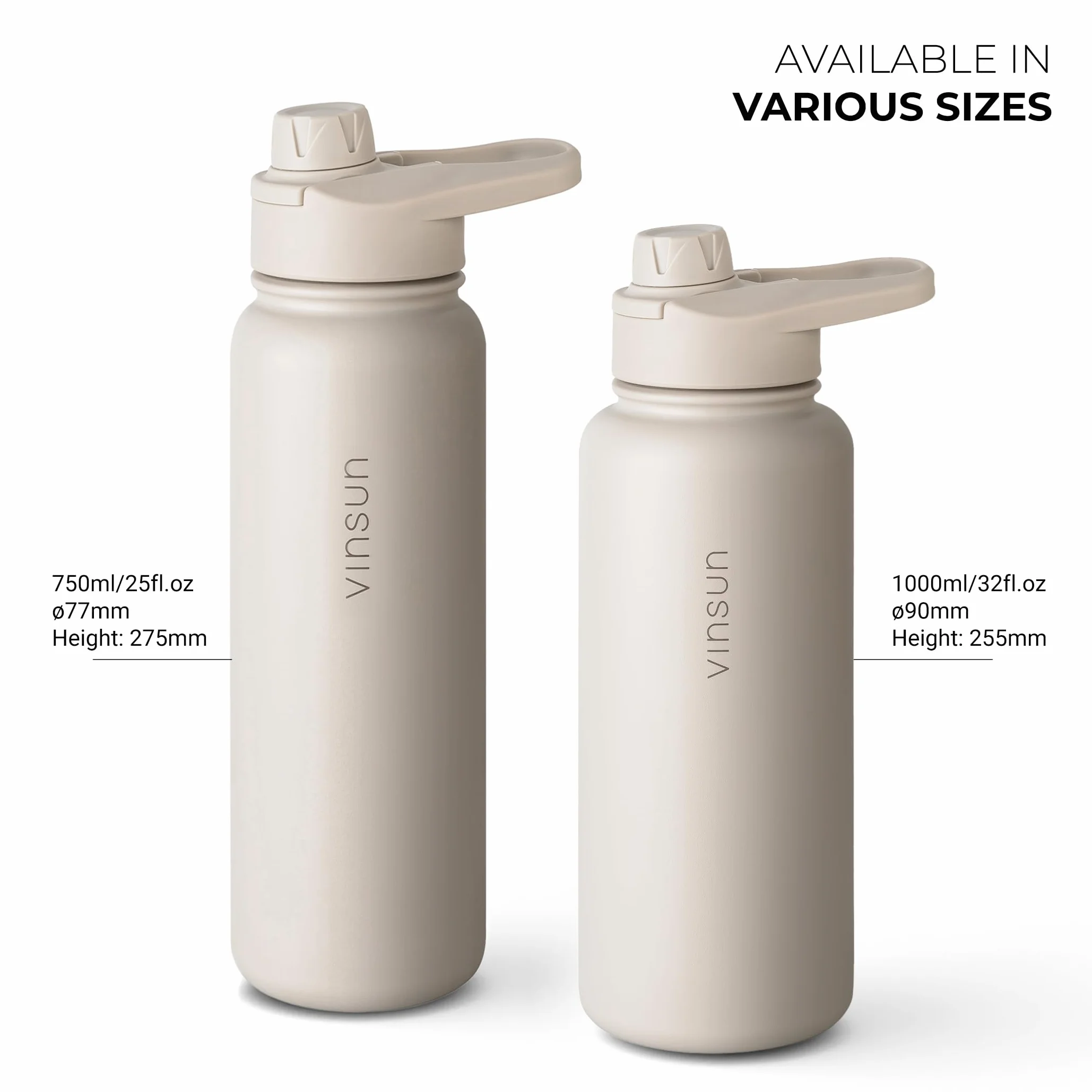 VINSUN Butelka do picia, stal szlachetna, 1 l / 750 ml, słomka lub otwór do picia, szczelna, do napojów gazowanych, bez BPA, termos do uprawiania sportu, do szkoły, biura, na rower