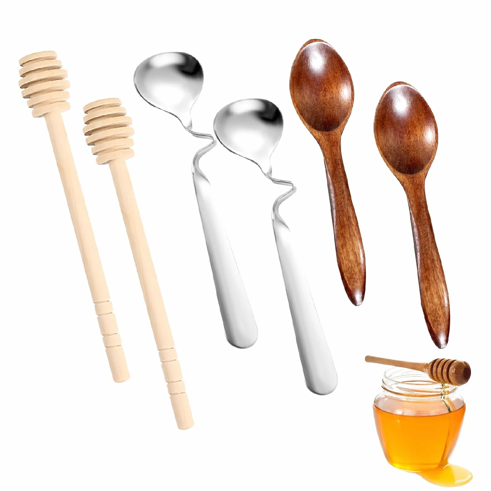 Zestaw 6 drewnianych łyżek do miodu, łyżki do miodu, łyżki miodu, stal nierdzewna, pałeczki do miodu i marmolady, kostki do herbaty, drewno, spirala miodowa, pałeczki do jogurtu, kawy
