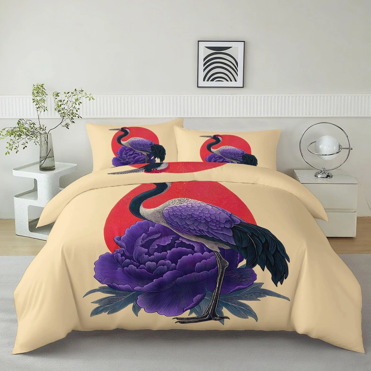 Poszwa na kołdrę z nadrukiem 180 x 220 cm zwierzęta ptak kwiat piwonia słońce japoński dwustronny zestaw pościeli dla nastolatków i dorosłych - miękki oddychający zestaw pościeli z zamkiem