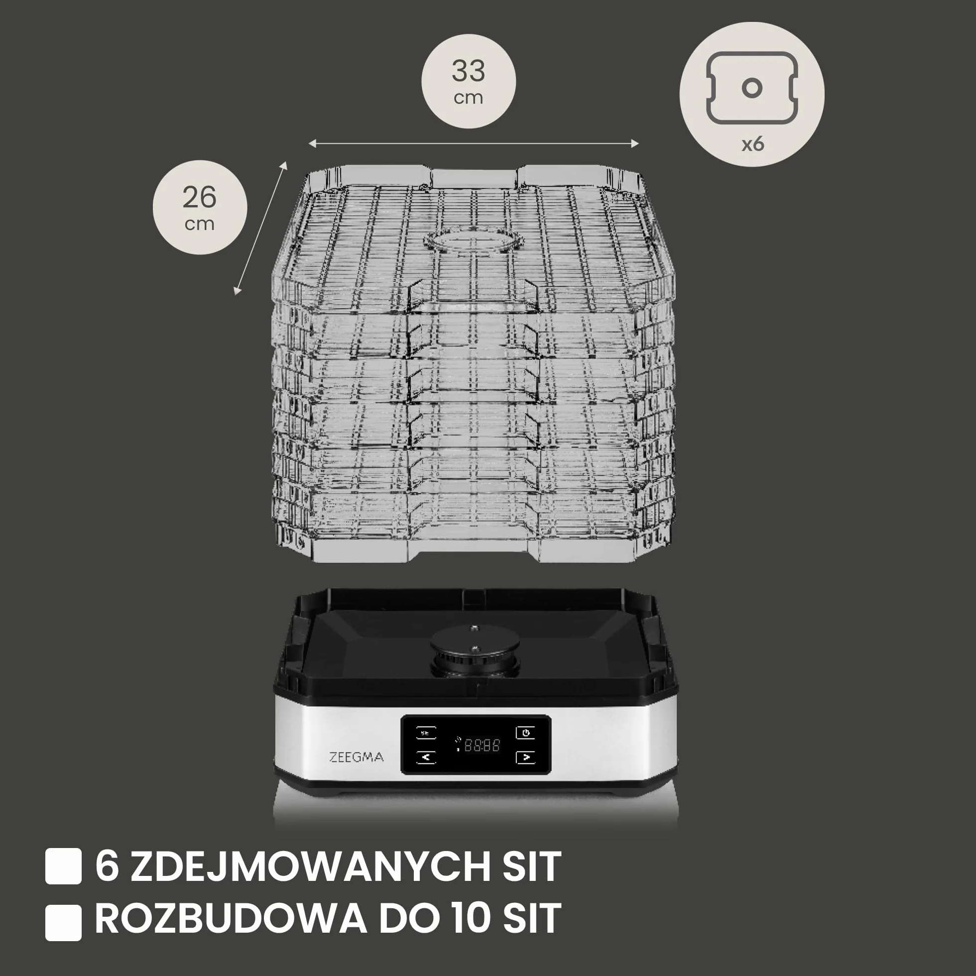 ZEEGMA DRY CHEF Suszarka do Żywności do Grzybów Moc 500 W, Suszarka Spożywcza do Owoców i Warzyw, 6 Pudełek Sit, Regulacja Temperatury 35-70˚C, Termoobieg, Timer do 72 h