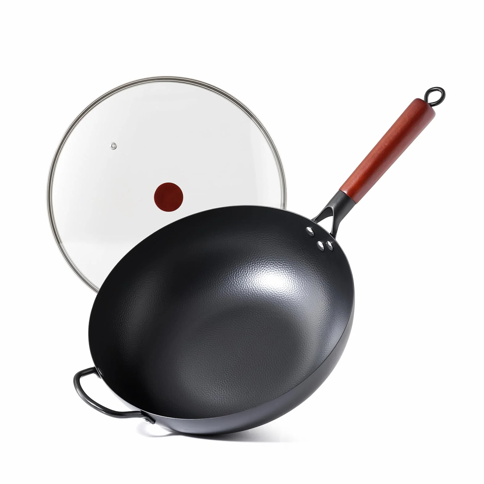Kordisen Wok ze stali węglowej 32 cm z pokrywką, ergonomiczny drewniany uchwyt, płaskie dno do indukcji i gazu, naturalna nieprzywierająca, duża pojemność dla 3-6 osób, idealny do kuchni azjatyckiej