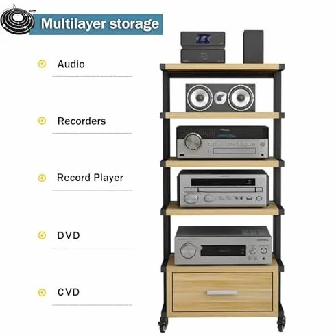 6-poziomowy mini stojak HiFi z kółkami, kompaktowy stojak na komponenty audio, gramofony, winylowe, odtwarzacze DVD i przechowywanie multimediów, solidna konstrukcja z drewna i stali do gier i sprzętu