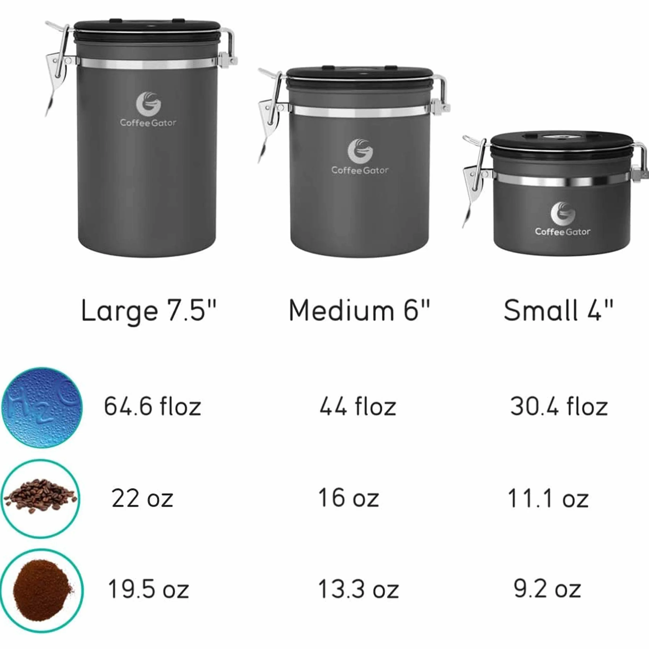 Coffee Gator Hermetyczny pojemnik na kawę 1300 ml, kuchenny pojemnik do przechowywania żywności ze stali nierdzewnej z trackerem dat, zaworem CO2, łyżeczką do mielonej kawy, ziaren kawy, herbaty