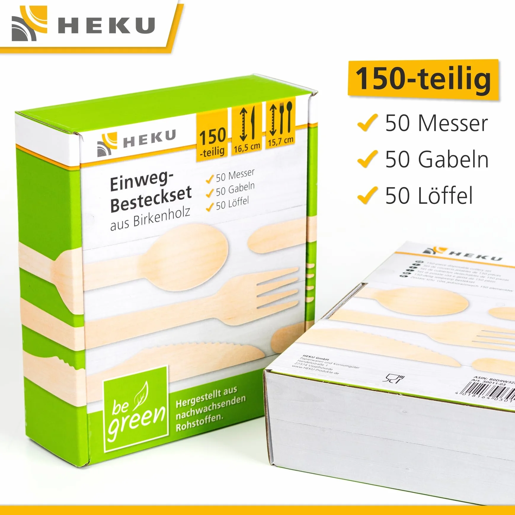 HEKU be green 150-częściowy zestaw sztućców jednorazowych z drewna brzozowego – 50 noży (16,5 cm), 50 widelców, 50 łyżek (15,7 cm), możliwość kompostowania, wyprodukowany z surowców odnawialnych i