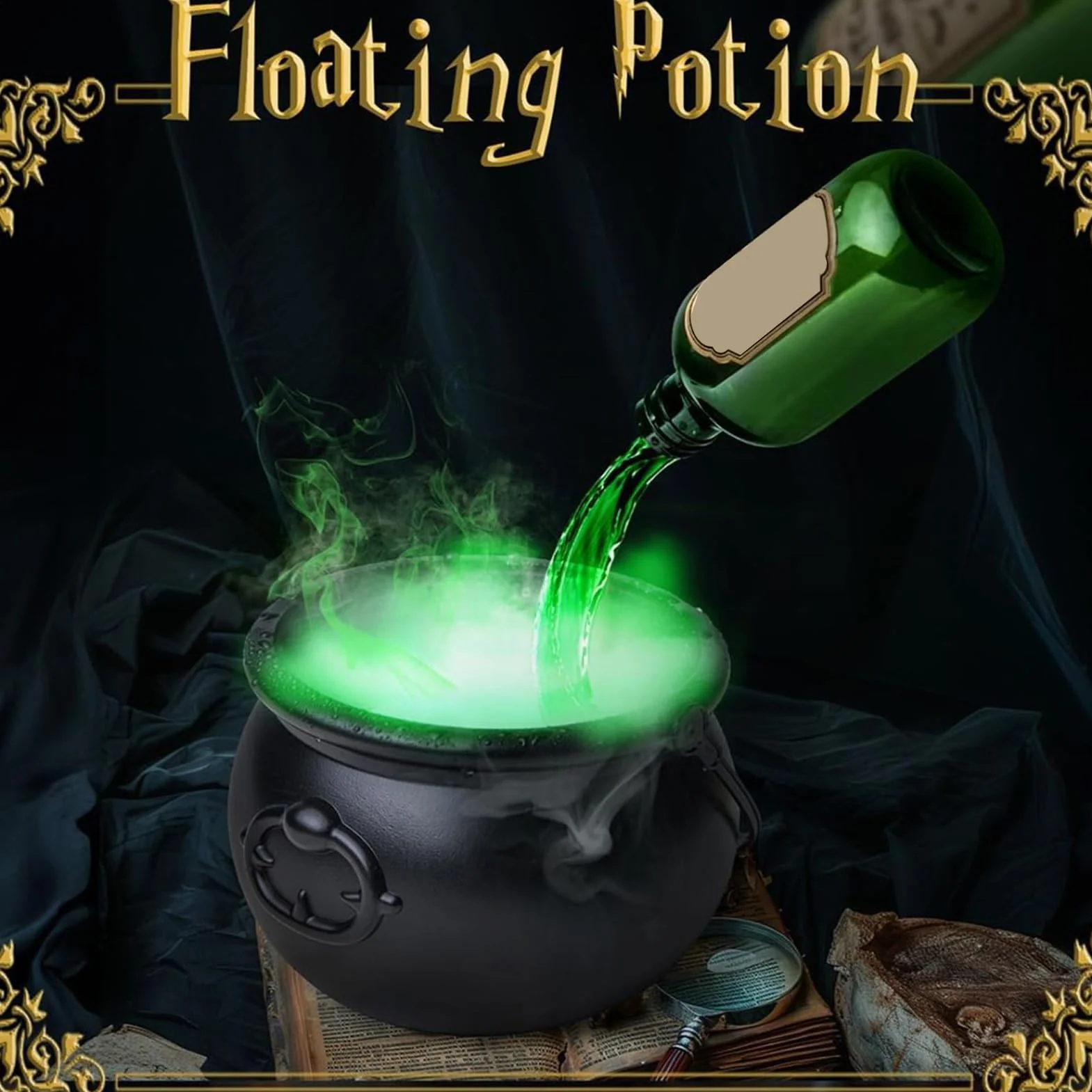 Cauldron Diffuser, Halloween Witch Pot Jar, Bubbling Black Cauldron with Floating Potion Bottles, Spooky Outdoor Decor for Entryway, Yard, Backyard, Holiday, 10.24 Inches