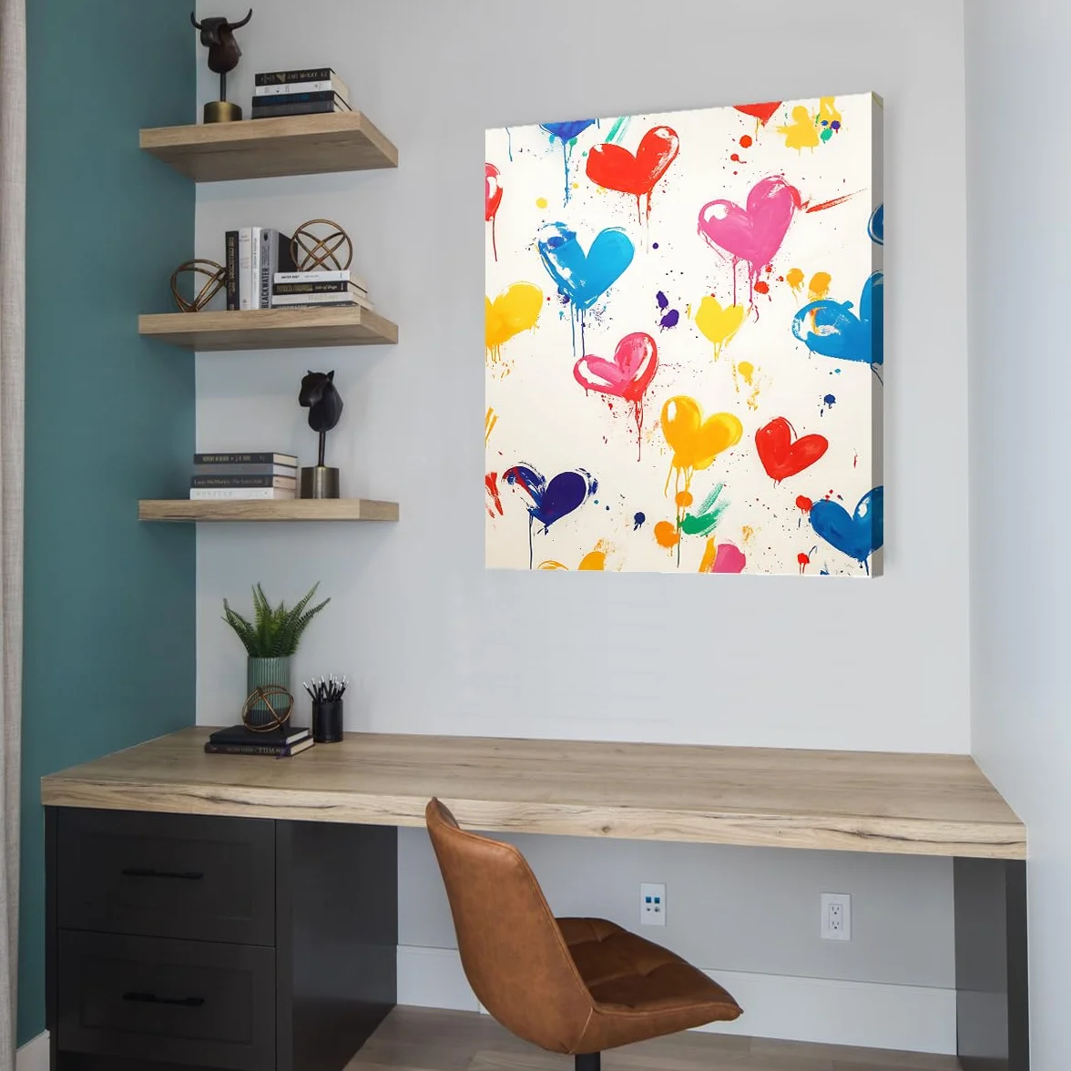 TOANGWALL Nowoczesna, żywa kreskówka płótno sztuka ścienna do przedszkola kolorowe serce farba kapie obrazy dzieła sztuki plakaty do pokoju zabaw hotel dekoracja 85 x 100 cm