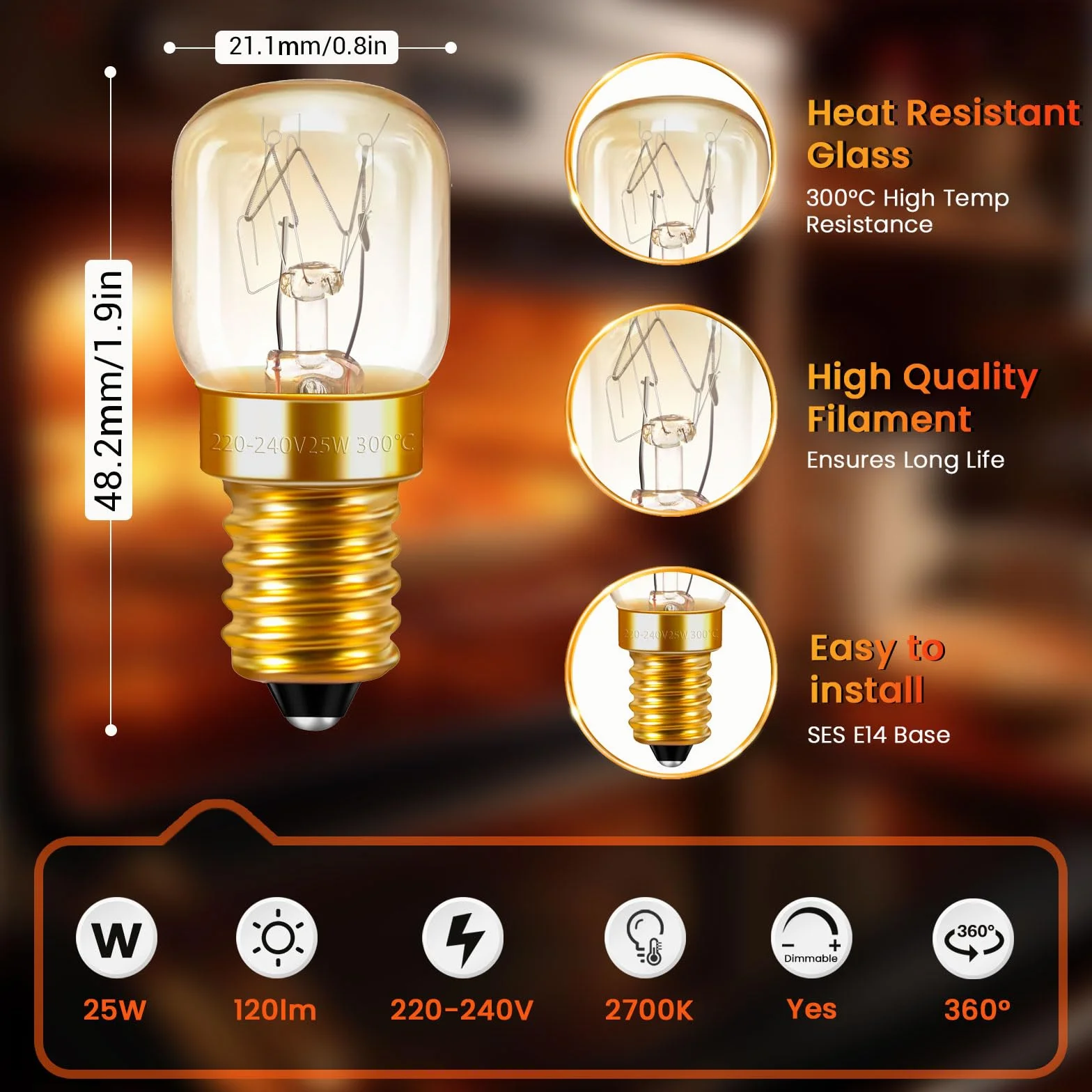 2 sztuki ściemnianych lamp do piekarnika T22, odporne na wysokie temperatury do 300 stopni, 120 lm, ciepła biel, 2700 K, gwint E14, lampa chłodząca, AC 220-240 V, do lampy lawowej, oświetlenie