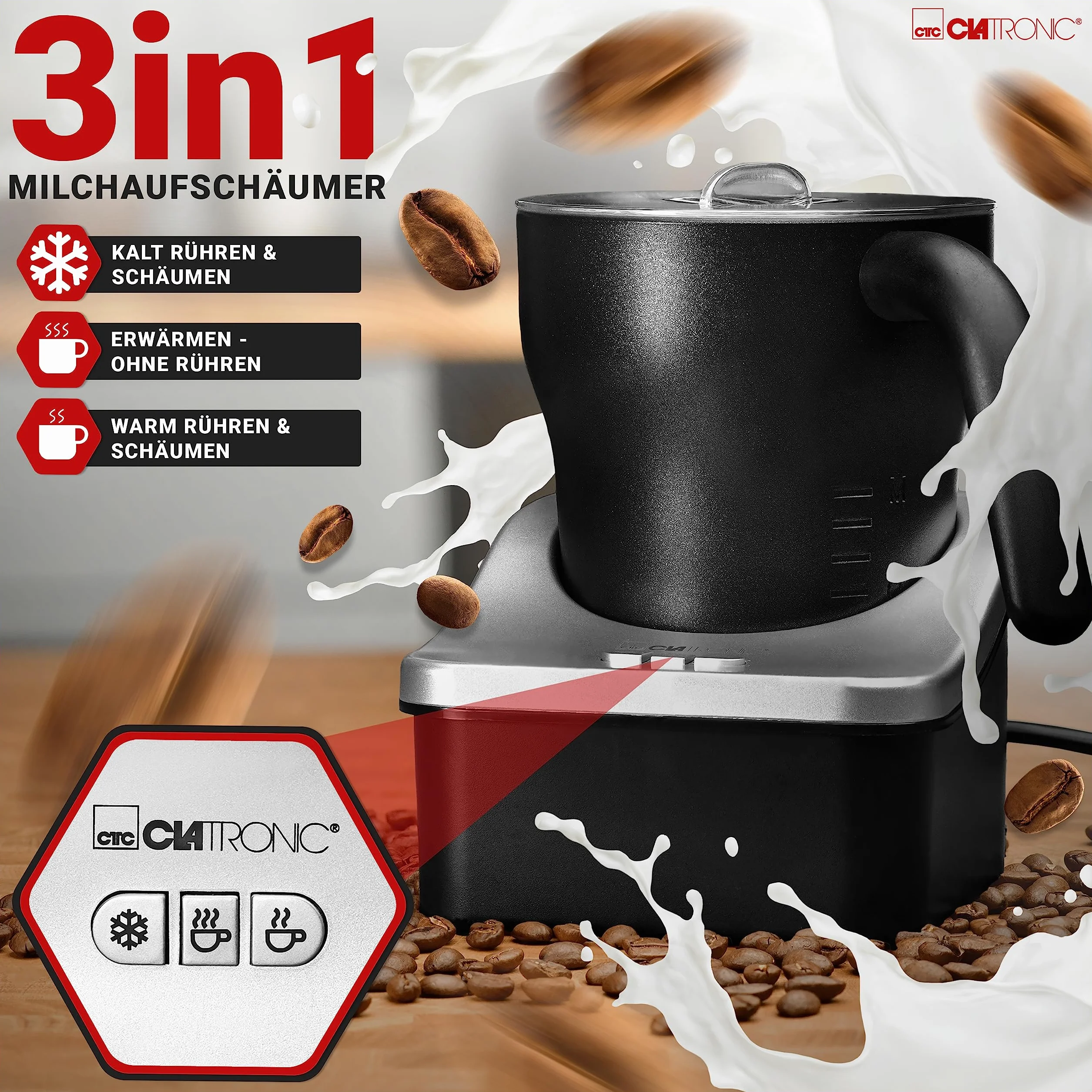 Clatronic MS 3326, 3 w 1 spieniacz do mleka, elektroniczny 3 przełącznik funkcyjny, spienianie mleka na ciepło i zimno, podgrzewanie mleka, wewnątrz i na zewnątrz, powłoka zapobiegająca przywieraniu, ilość spienionego mleka ok. 500 ml