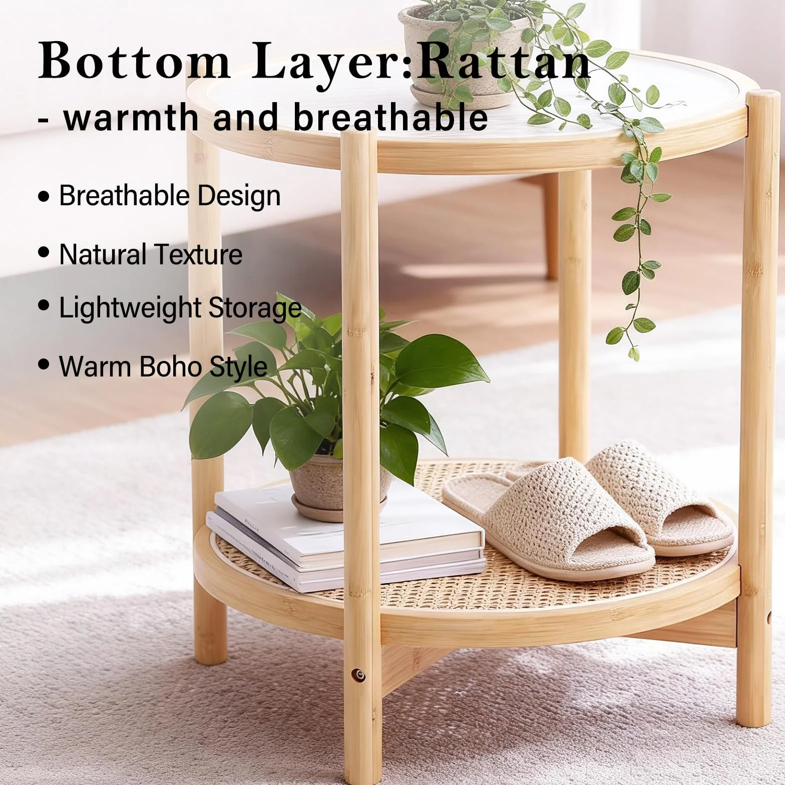 Tiita Rattanowy stolik kawowy, okrągły, 40 cm, nowoczesny stolik pomocniczy, mały, bambusowy, stolik pomocniczy, do salonu, na balkon i do biura na zewnątrz / do wewnątrz (poziomy pasek)