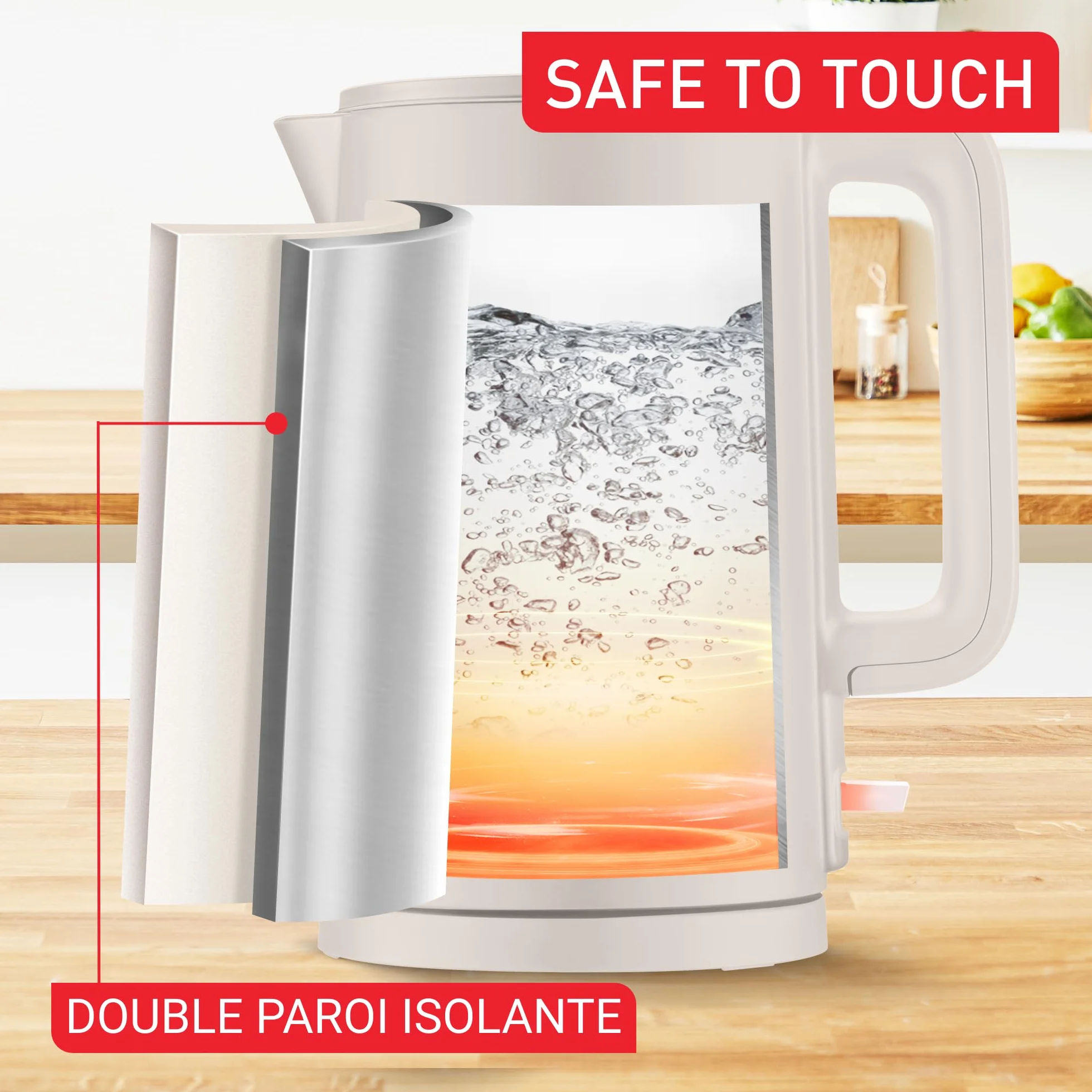 Tefal KO140BE0 Thermo Protect Czajnik elektryczny, minimalistyczny design, bezpieczna obudowa, 1500 W, jasnoszary, stal nierdzewna