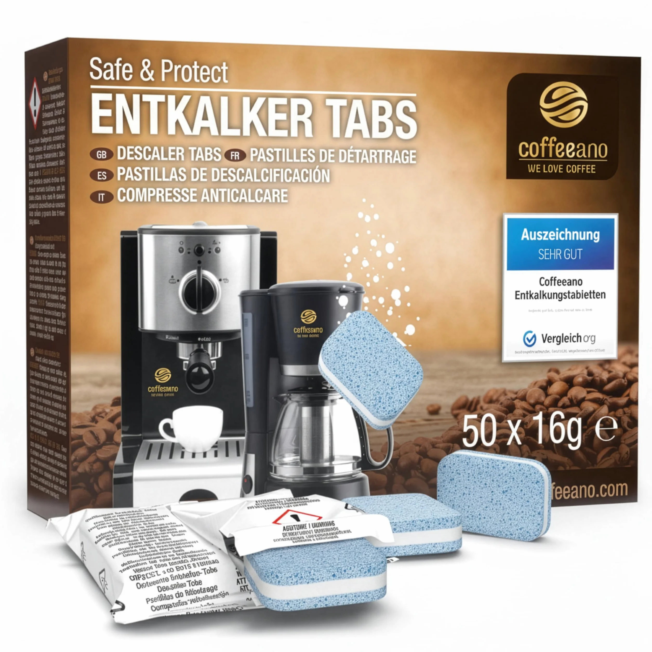 50 x tabletki odkamieniające 2 w 1 do ekspresów do kawy i ekspresów do kawy. Tabletki odkamieniające 2 w 1 do Siemens serii EQ, Jura, Delonghi, Krups, Bosch, Miele, WMF i wielu innych. Coffeeano.