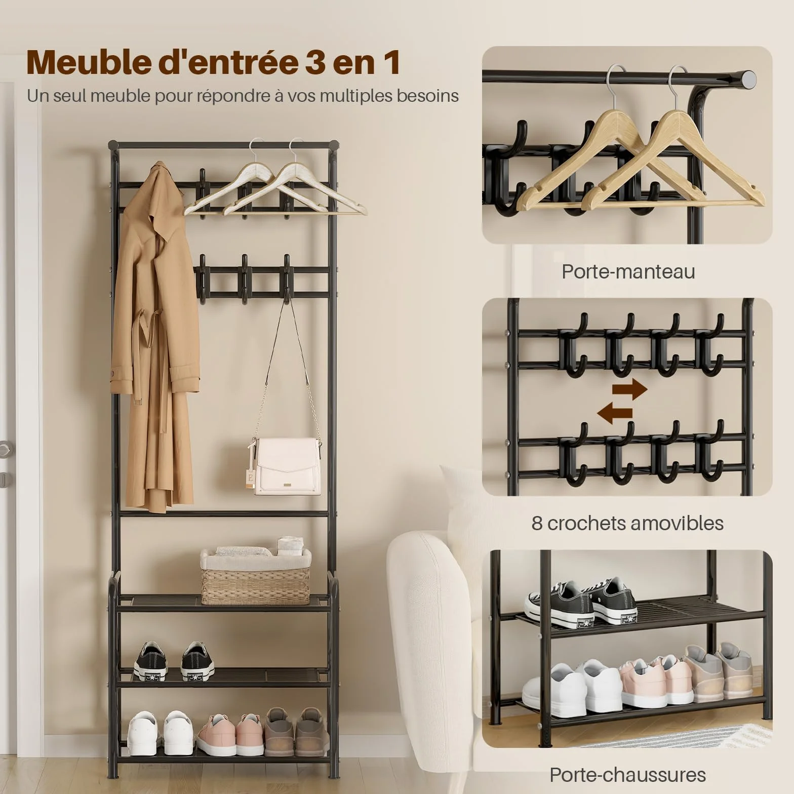 Innotic wieszak na ubrania, wieszak na buty, wieszak na płaszcze stojący z 16 wyjmowanymi haczykami, 3 półką z siatki, wysokość 182 cm, do wejścia, salonu, sypialni, czarny