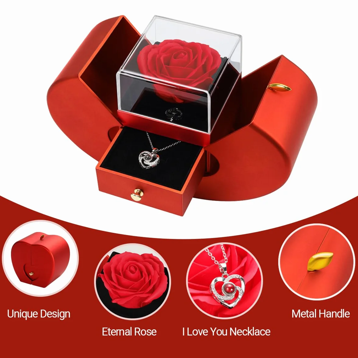 Emibele Mother's Day Preserved Red Rose for Women Mom Grandma, Eternal Flower Rose Box with Heart Necklace I Love You 100 Languages, Gifts for Wife Girlfriend Her on Valentines Birthday Anniversary