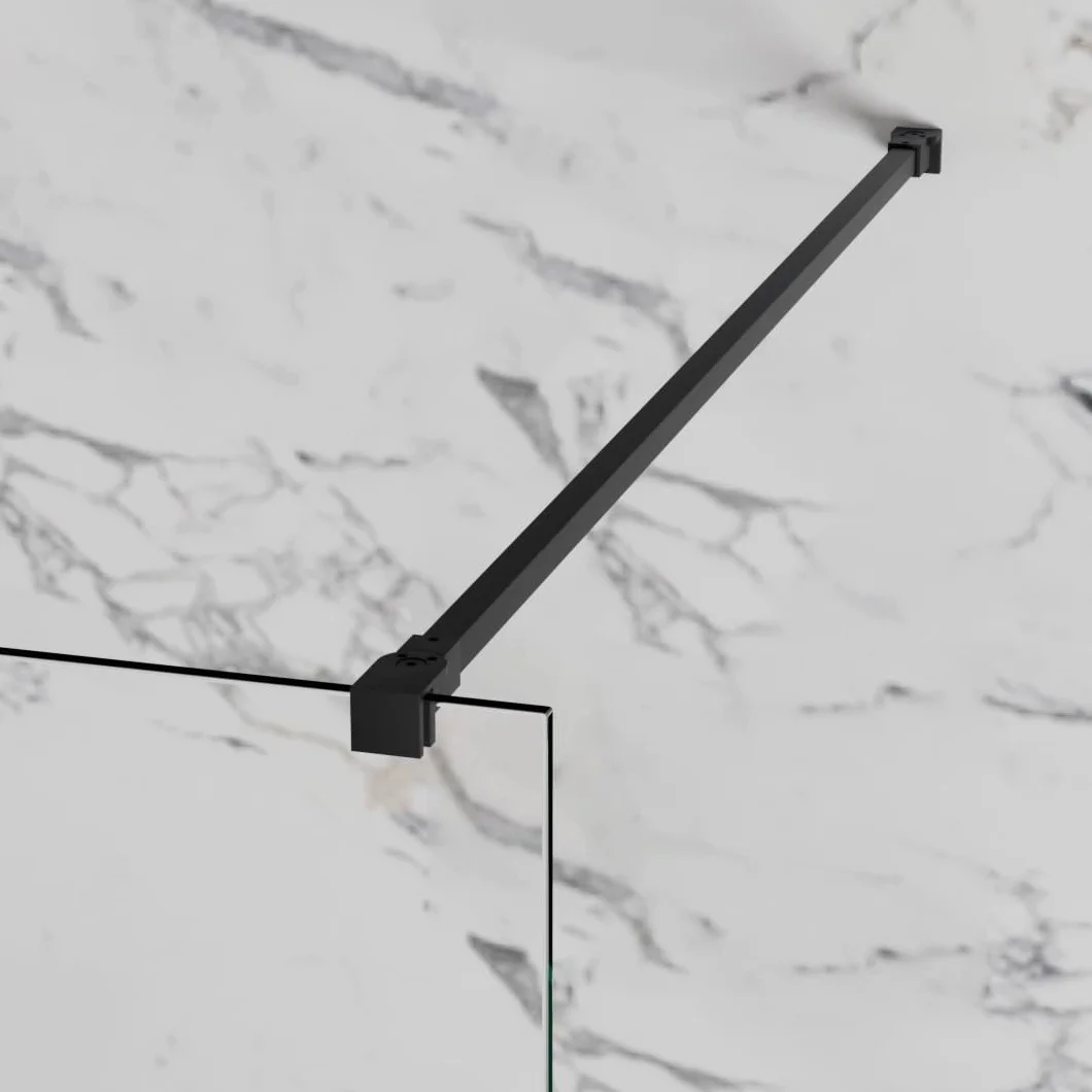 IMEX mata do wanny, stała, czarna, matowa, 85 cm, przednia ścianka z ramieniem mocującym, ścianka ze szkła antykamieniowego i profili aluminiowej o wysokości 150 cm, szkło o grubości 8 mm