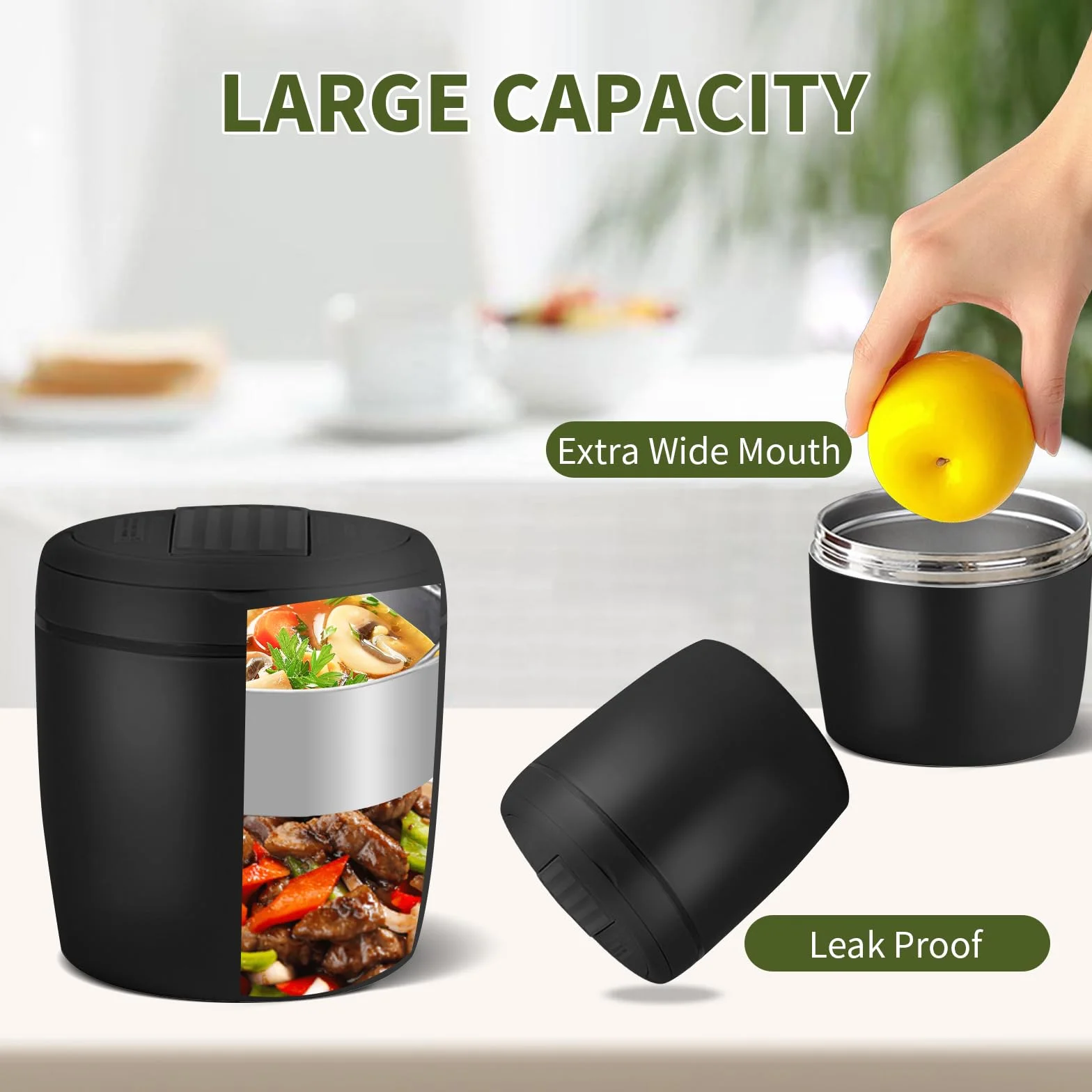 Pojemnik Termiczny, Szczelny Termos na Zupy, Lunchbox dla Dzieci i Dorosłych, na Żywność 1200 ml, Stal Nierdzewna, Miski Termiczne z Pokrywką i Składaną Łyżeczką (Czarny)