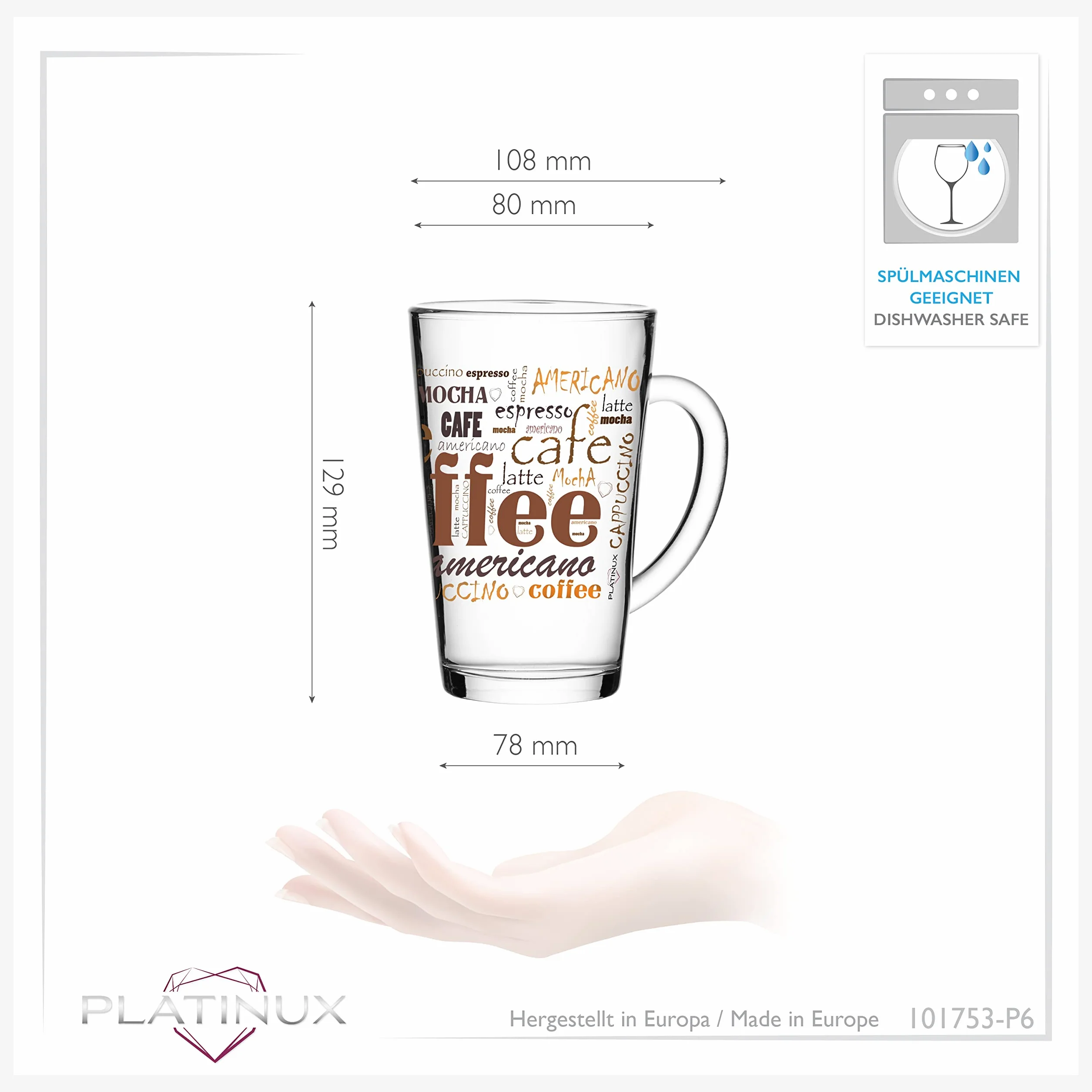 Zestaw szklanek do kawy PLATINUX z motywem max. 350ml, 6-częściowy, ze szkła; szklank do latte macchiato z uchwytem, szklank do cappuccino