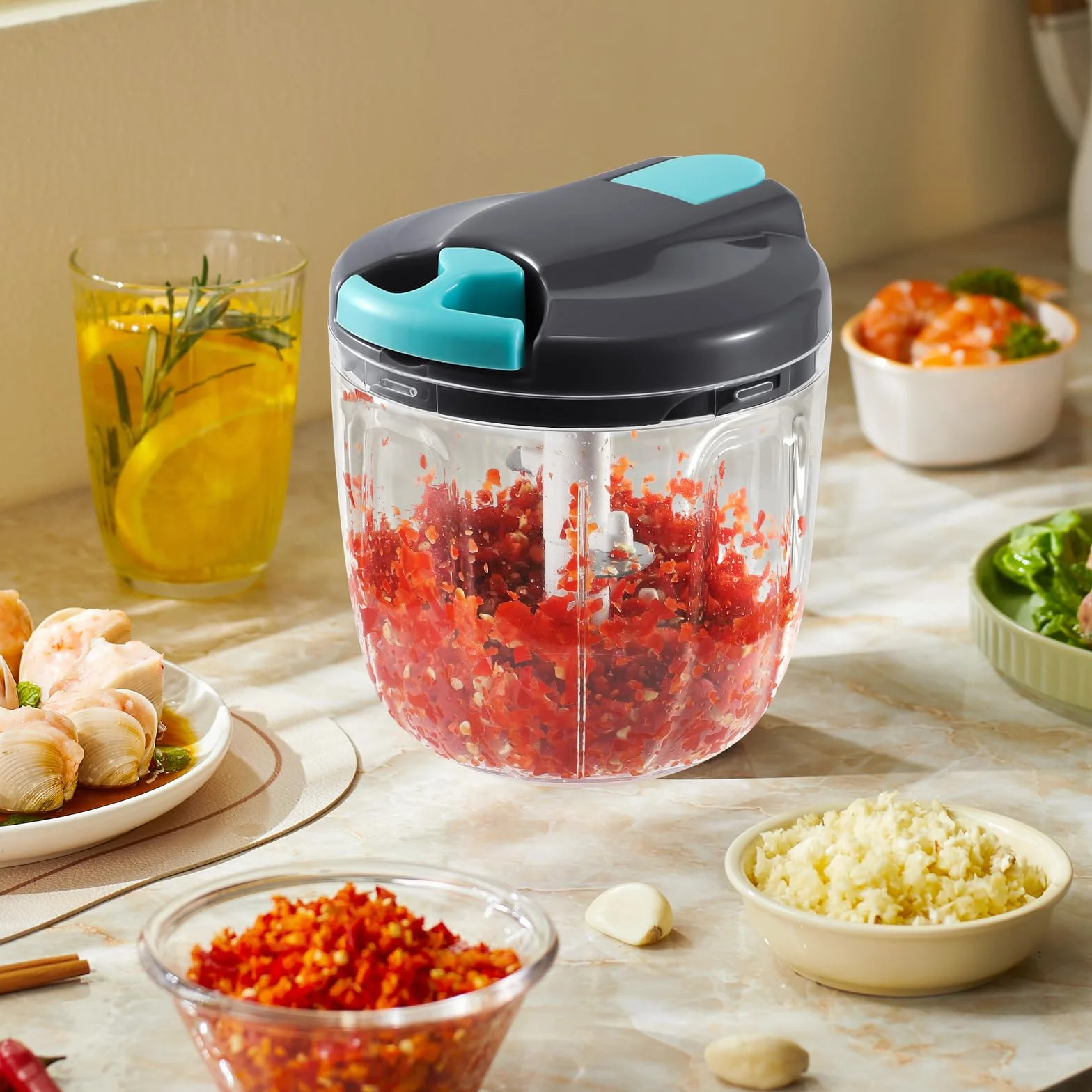 Ręczna krajalnica do cebuli, krajalnica do warzyw, 900 ml, rozdrabniacz do cebuli, nóż do krojenia w żywność, akcesoria kuchenne do warzyw, owoców, orzechów, 1 trzepaczka, 5 zapasowych