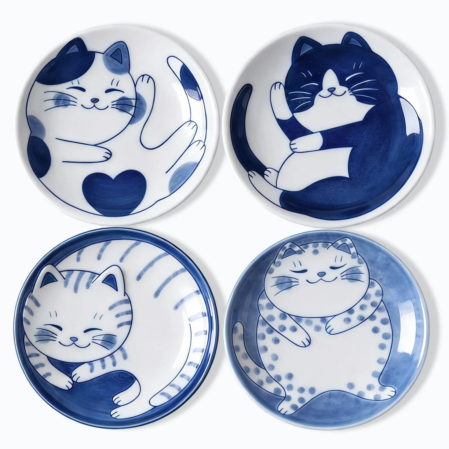 4 sztuki mini ceramiki, 10 cm, słodkie koty, sos sojowy, małe talerze ceramiczne z japońskim kotem, wspaniały prezent dla miłośników kotów, zestaw 4 wzorów