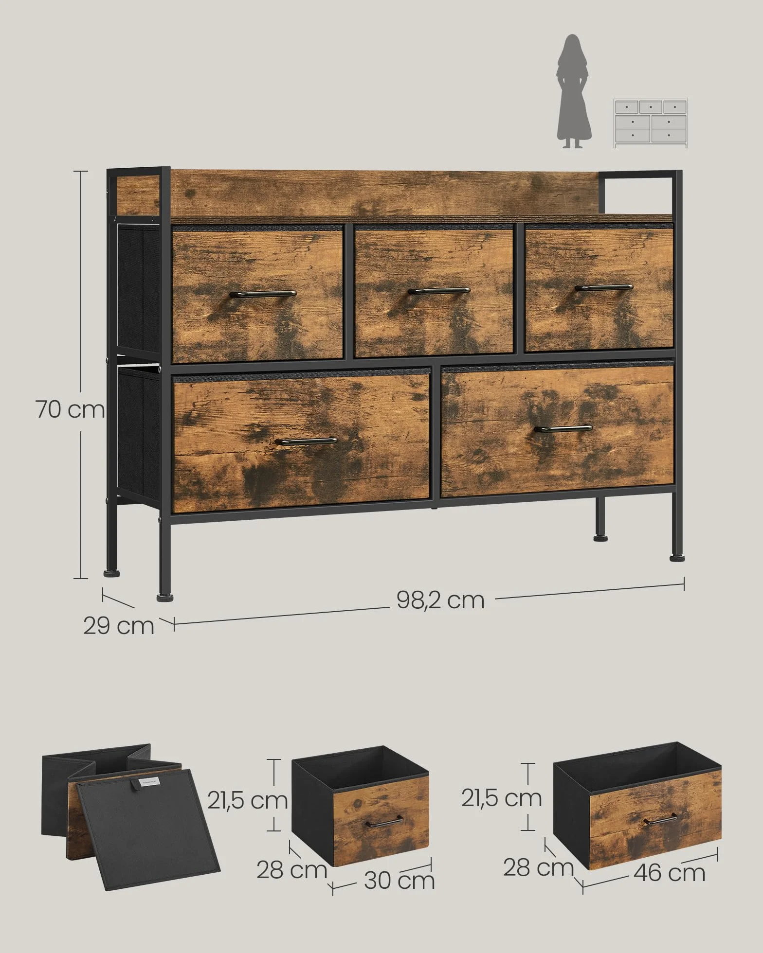 SONGMICS Komoda, Szafka, Szafka do przechowywania, 5 szuflad z tkaniny z uchwytami, metalowa rama, nowoczesny styl, rustykalny brąz i atrament czarny LTS135B01
