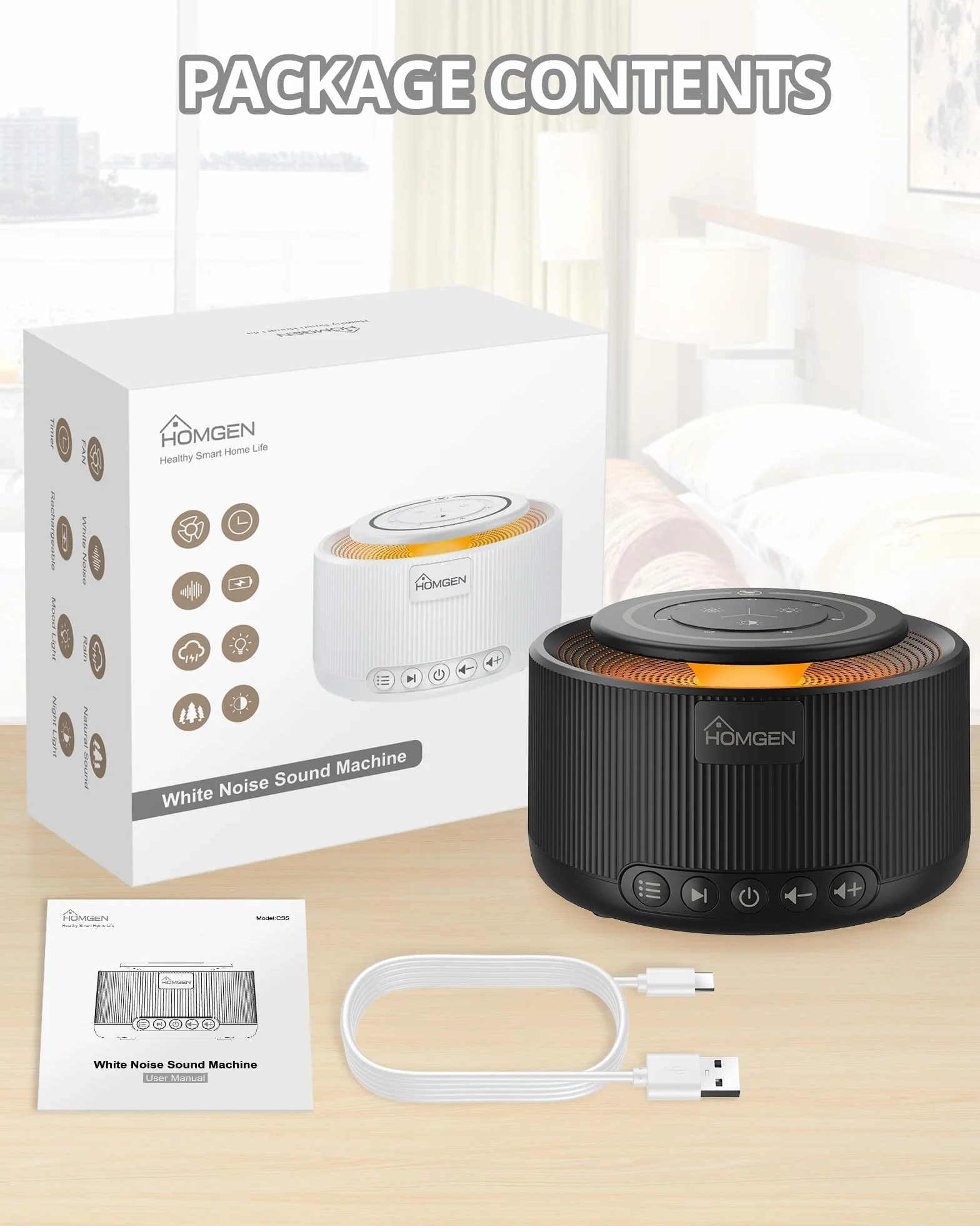 HOMGEN Biała maszyna do szumów dla dorosłych i niemowląt Maszyna dźwiękowa z lampką nocną i 30 relaksującymi dźwiękami White Noise Machine Baby Przenośny z funkcją pamięci i ładowania przez